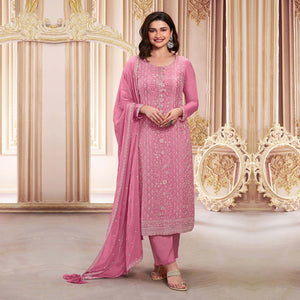 Pink Embroidered With Diamond Work Chinon Silk Semi Stitched Suit