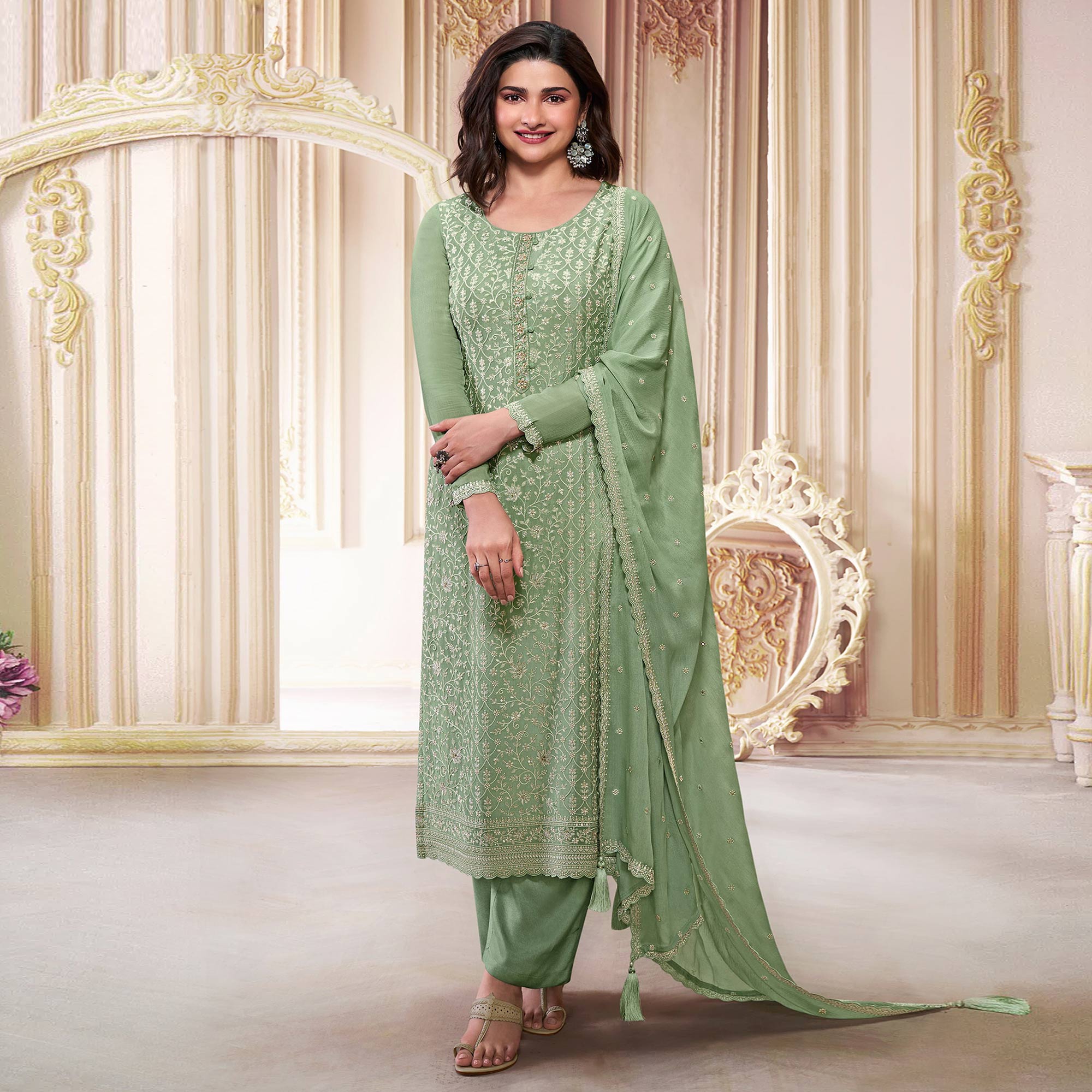 Green Embroidered With Diamond Work Chinon Silk Semi Stitched Suit