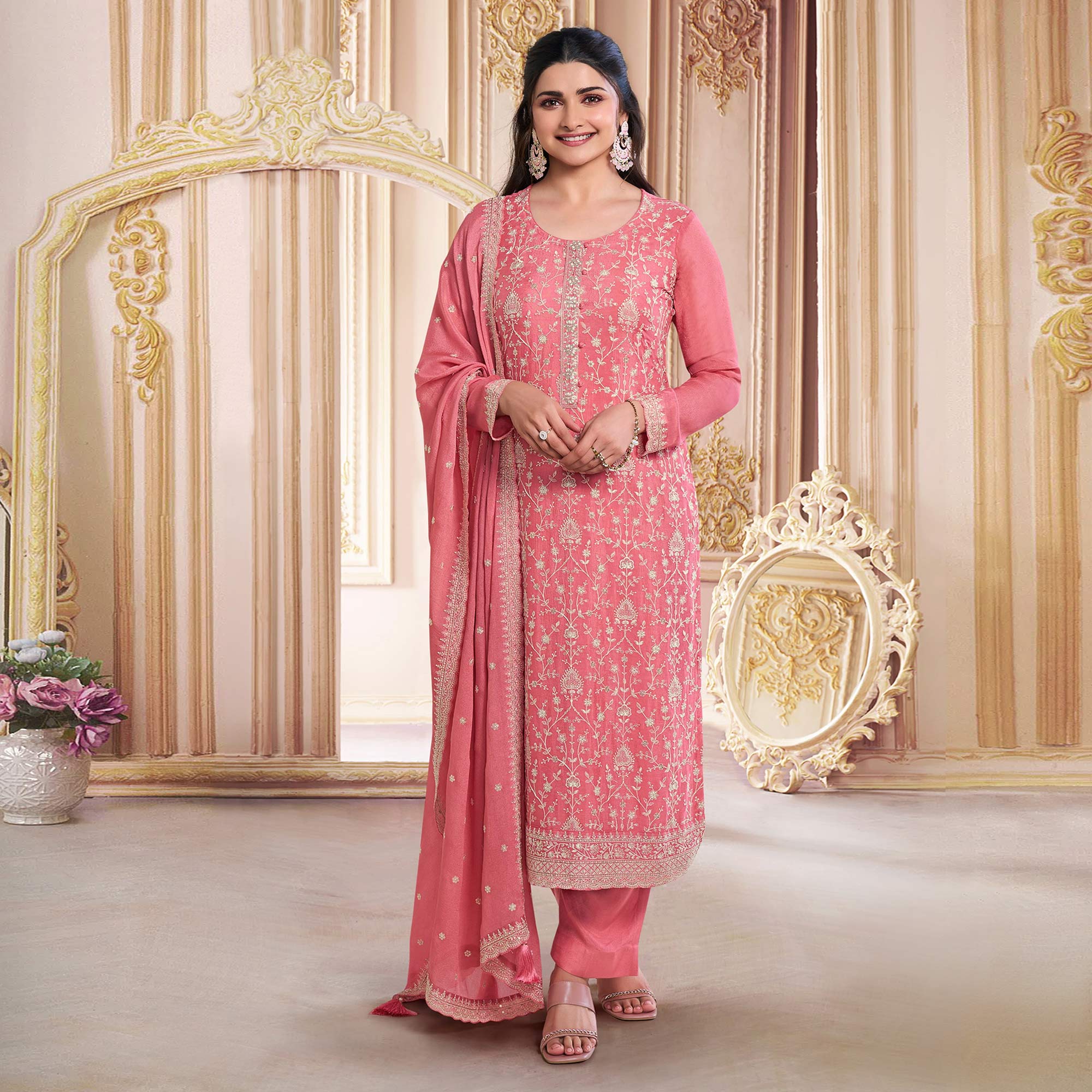 Peach Embroidered With Diamond Work Chinon Silk Semi Stitched Suit