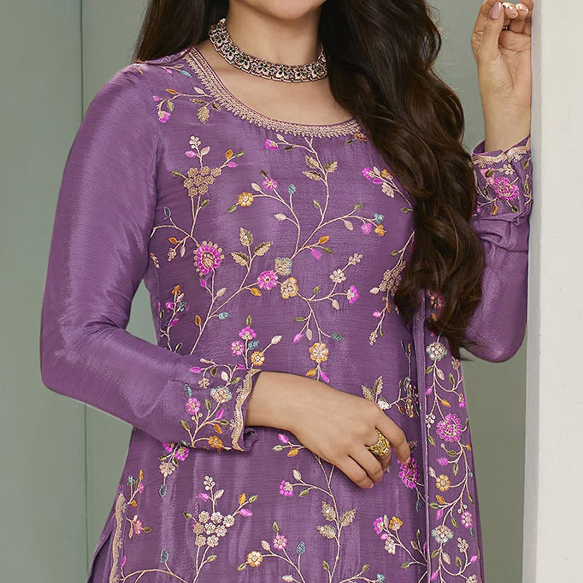 Dusty Purple Floral Embroidered Chinon Sharara Salwar Suit
