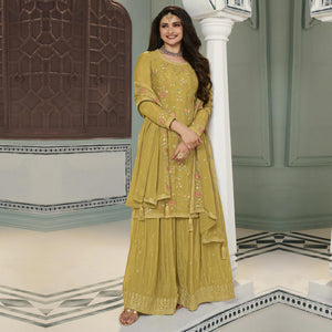 Mustard Floral Embroidered Chinon Sharara Salwar Suit