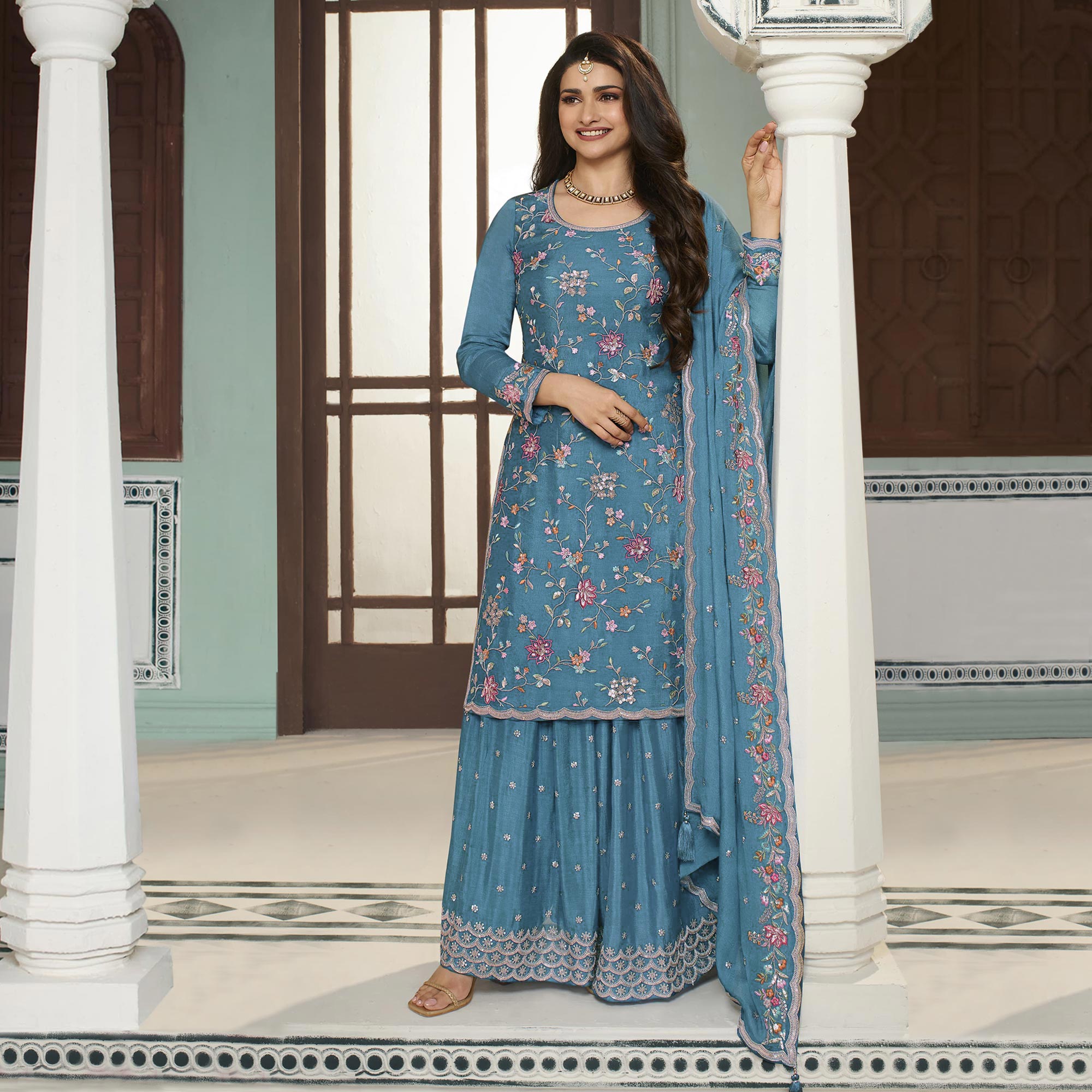 Blue Floral Embroidered Chinon Sharara Salwar Suit