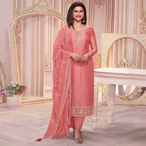 Peach Floral Sequins Embroidered Silk Georgette Semi Stitched Salwar Suit