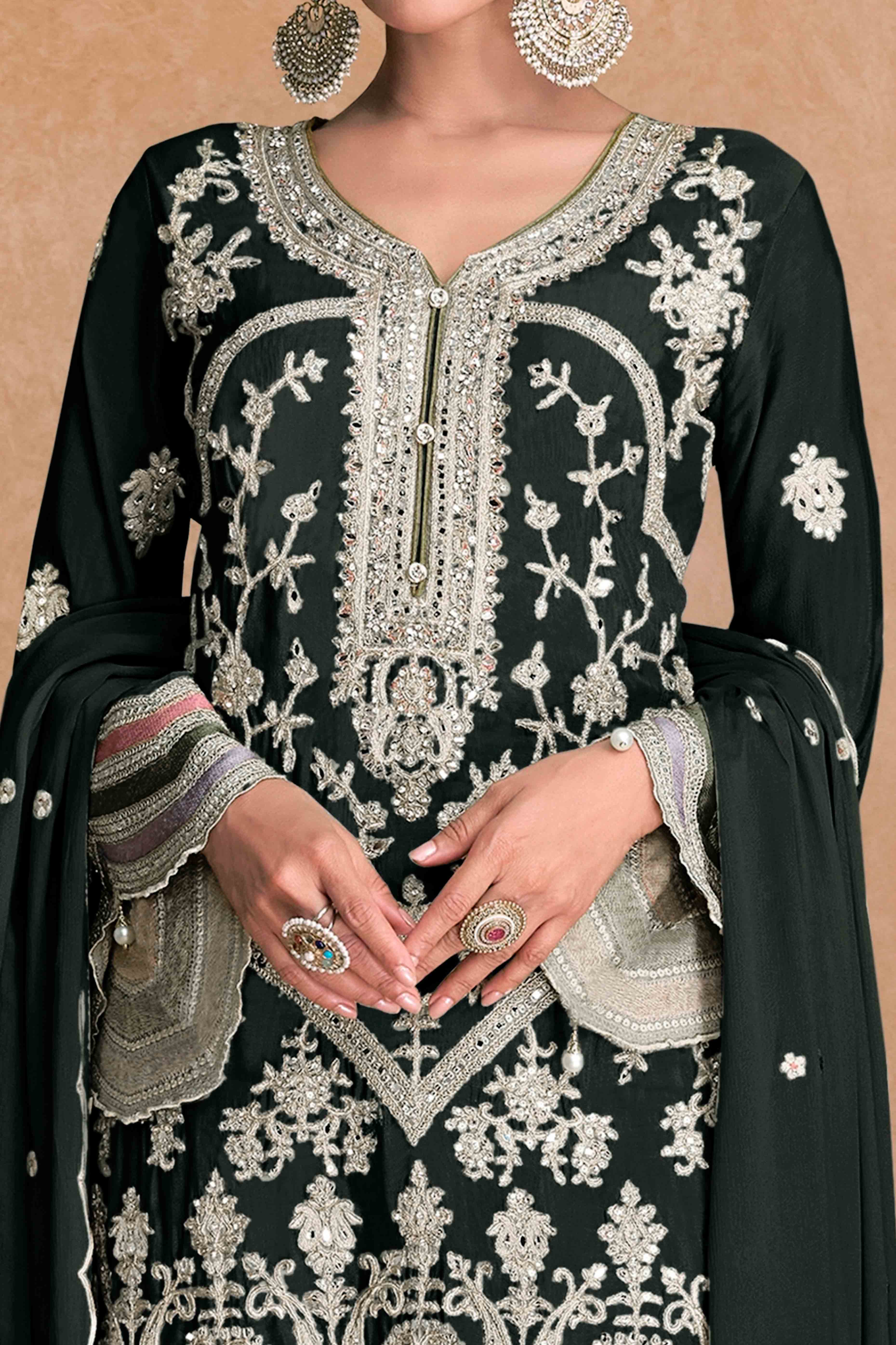Black Floral Sequins Embroidered Chinon Palazzo Suit