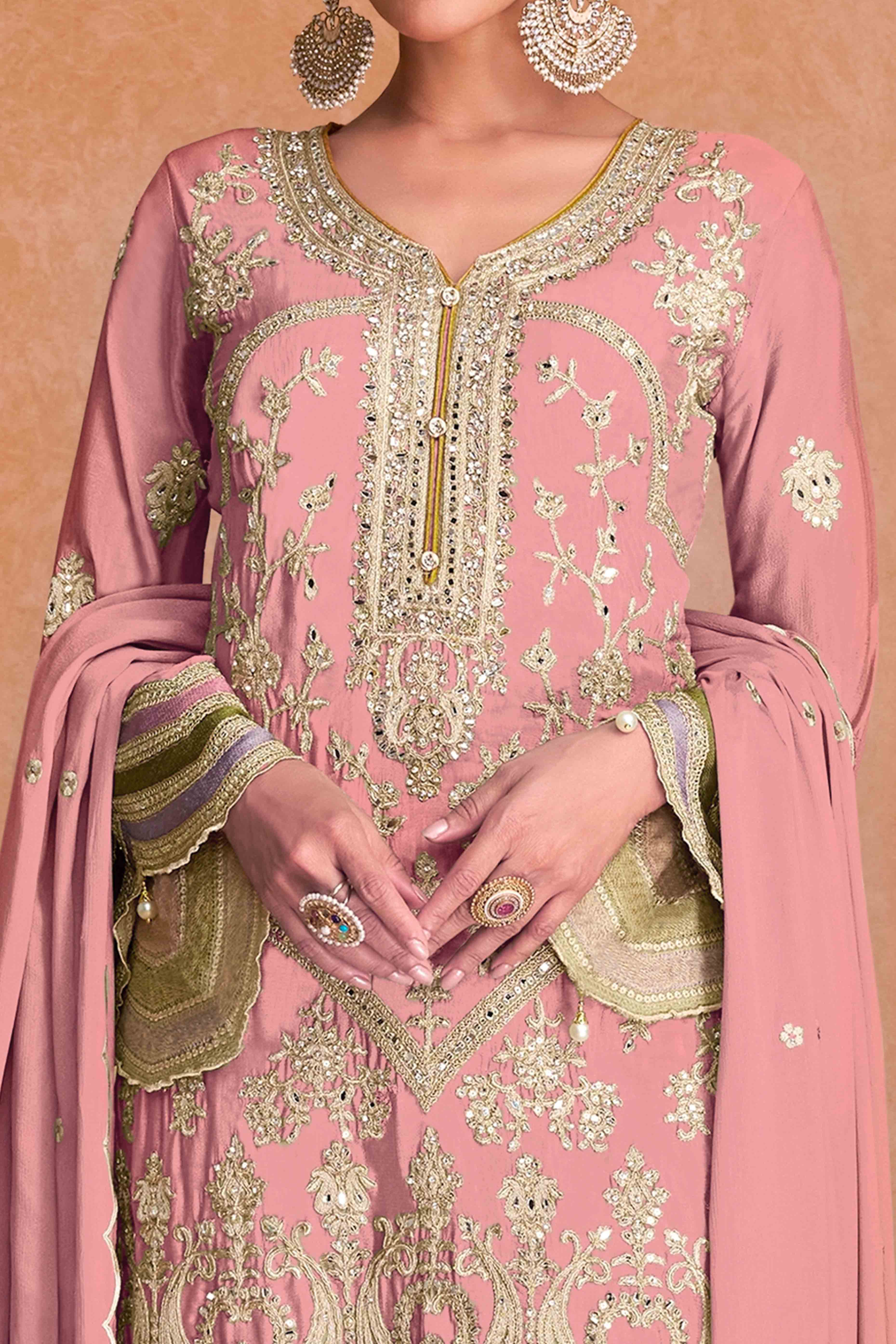 Gajari Pink Floral Sequins Embroidered Chinon Palazzo Suit