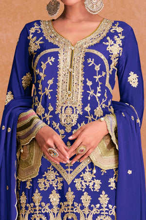 Blue Gem Floral Sequins Embroidered Chinon Palazzo Suit