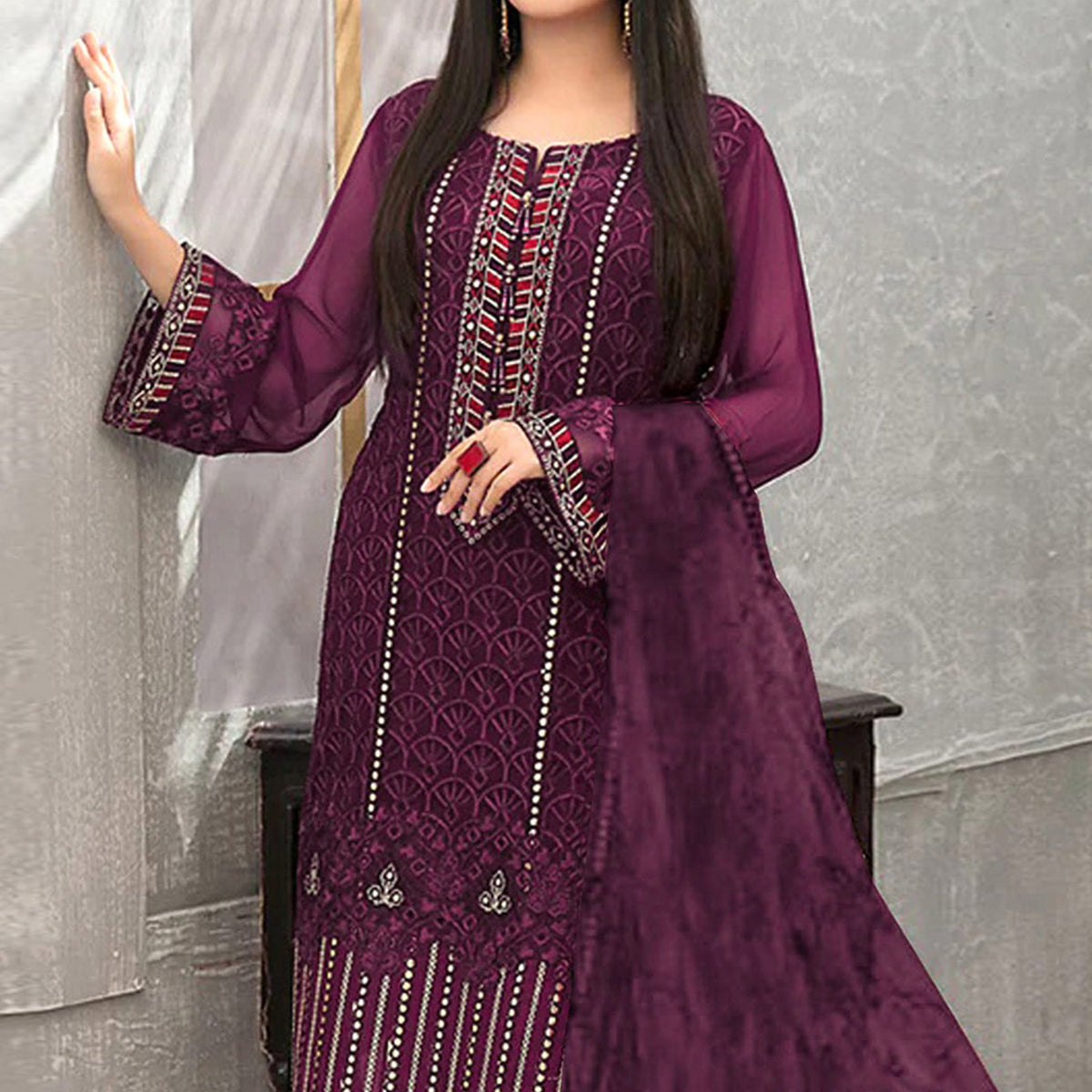 Purple Embroidered Georgette Semi Stitched Pakistani Suit