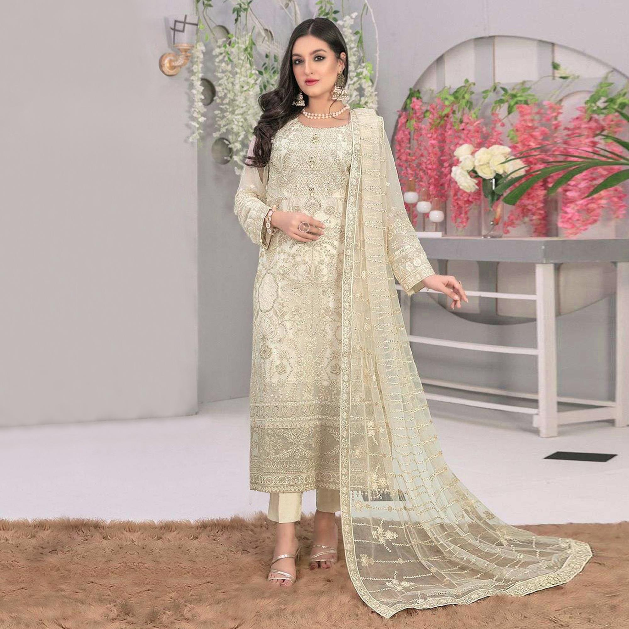 Cream Embroidered Georgette Semi Stitched Pakistani Suit