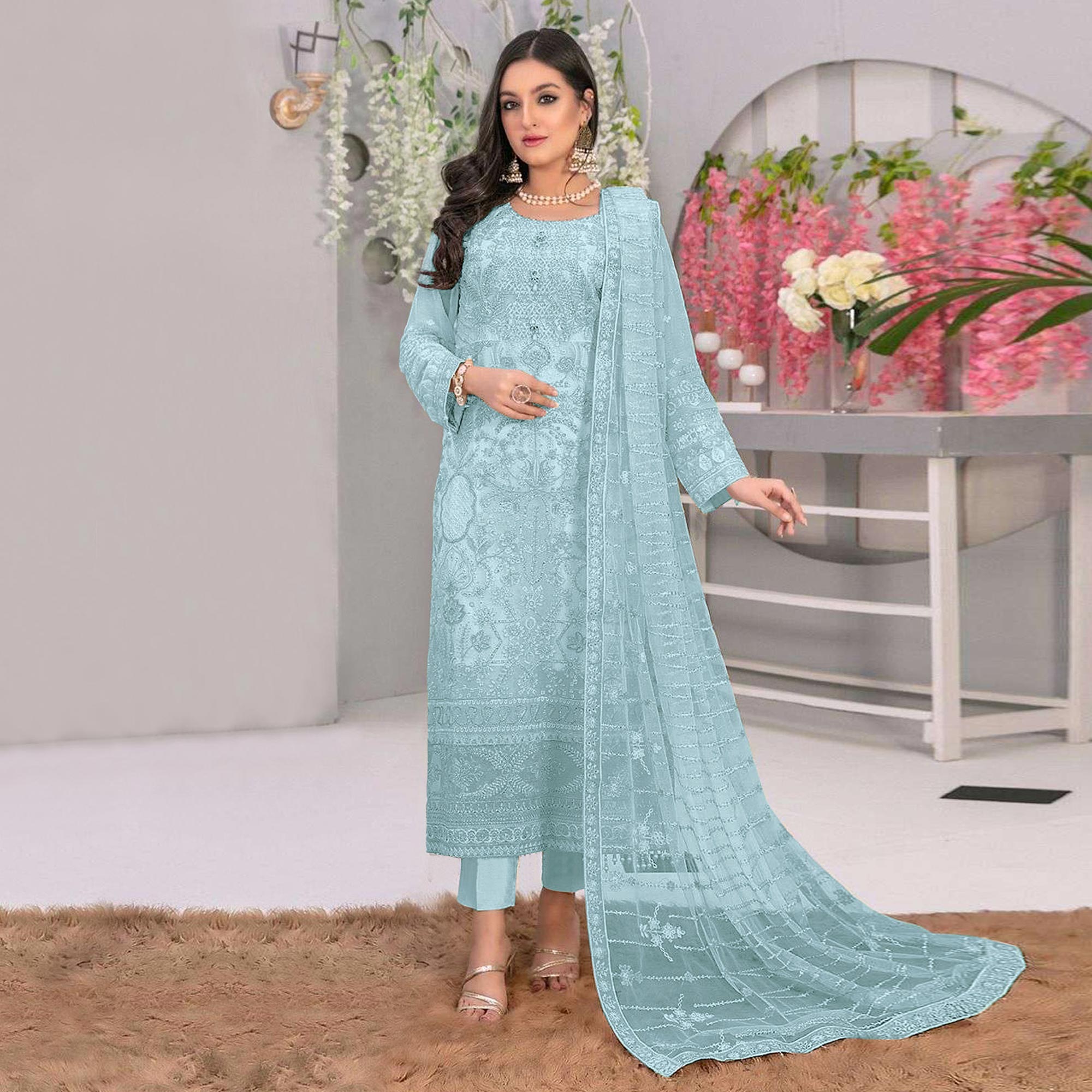 Blue Embroidered Georgette Semi Stitched Pakistani Suit