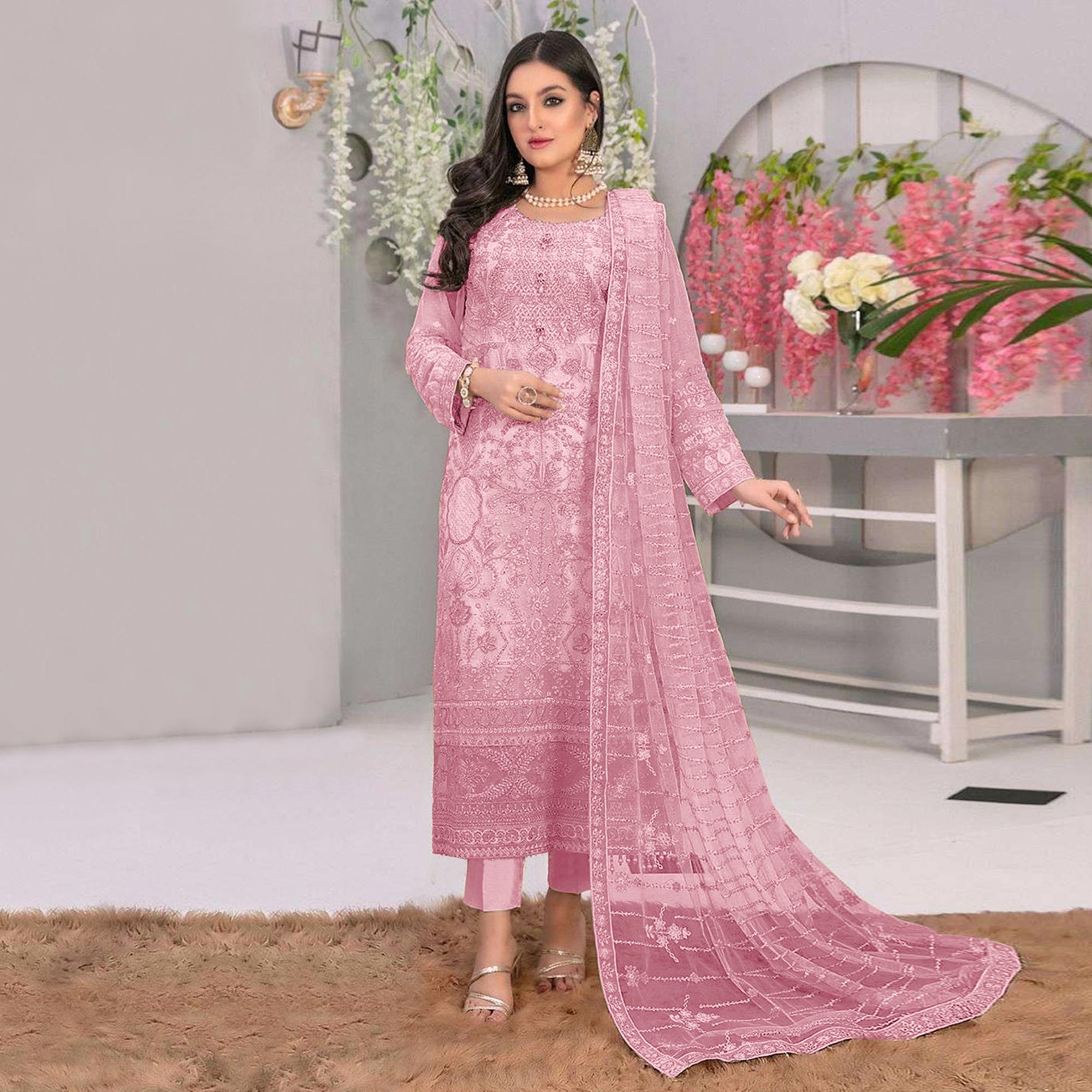 Pink Embroidered Georgette Semi Stitched Pakistani Suit
