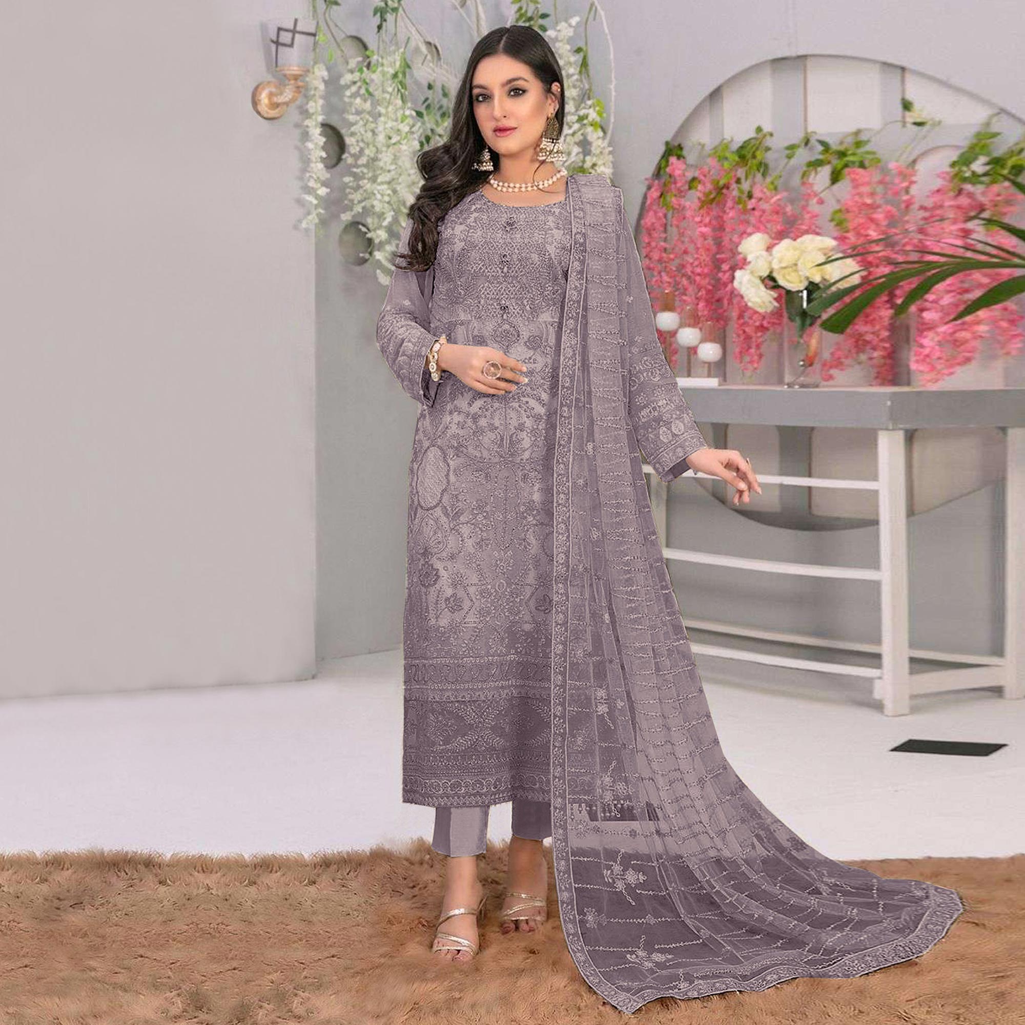 Grey Embroidered Georgette Semi Stitched Pakistani Suit