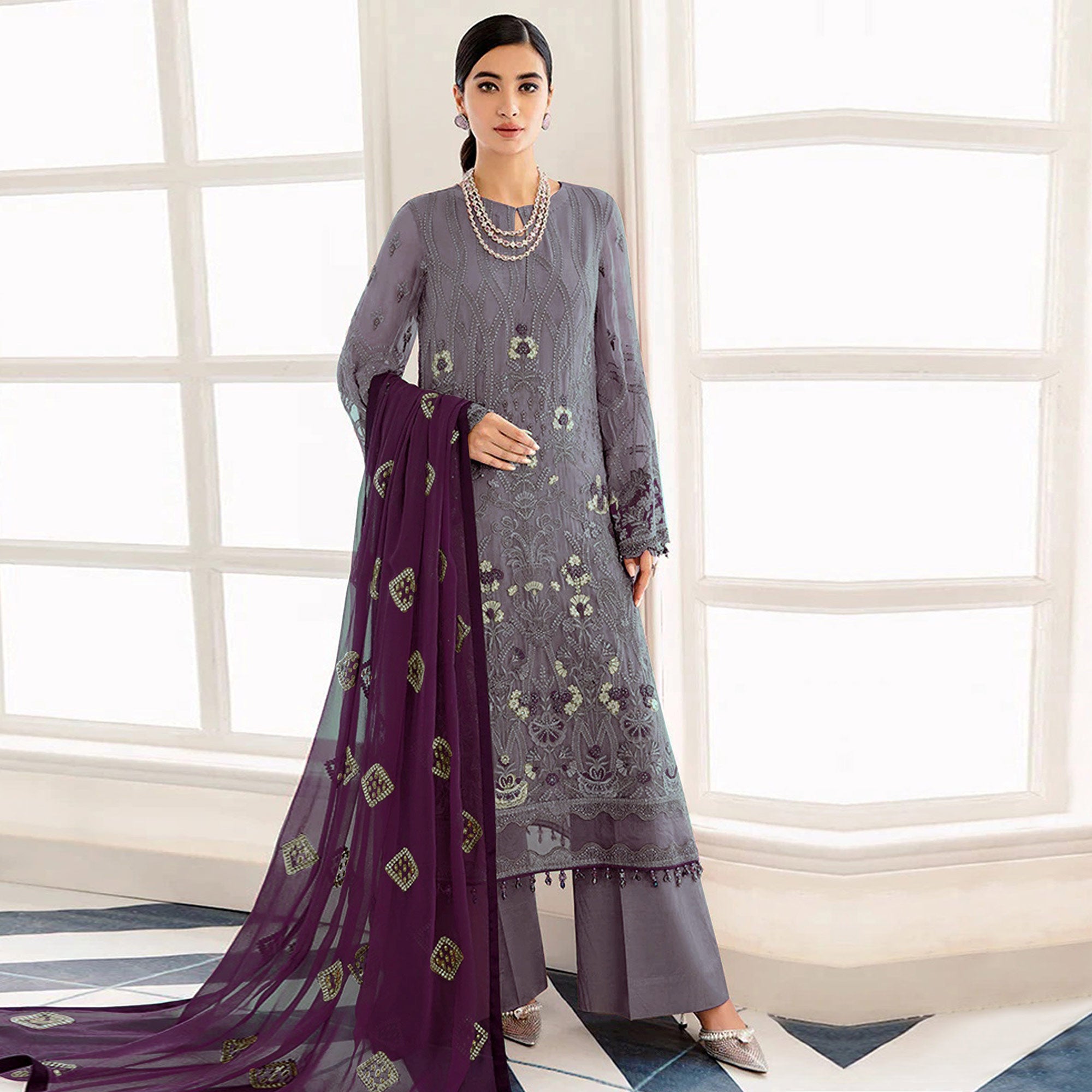 Purple Embroidered Georgette Semi Stitched Pakistani Suit