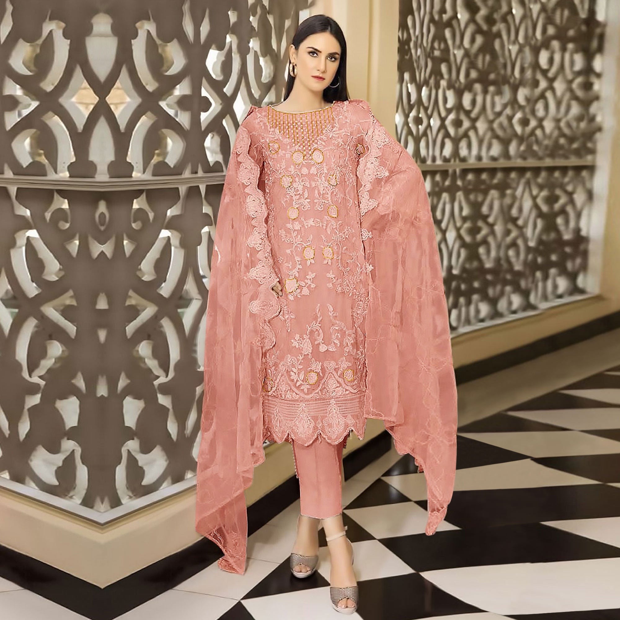 Peach Floral Embroidered Georgette Semi Stitched Pakistani Suit