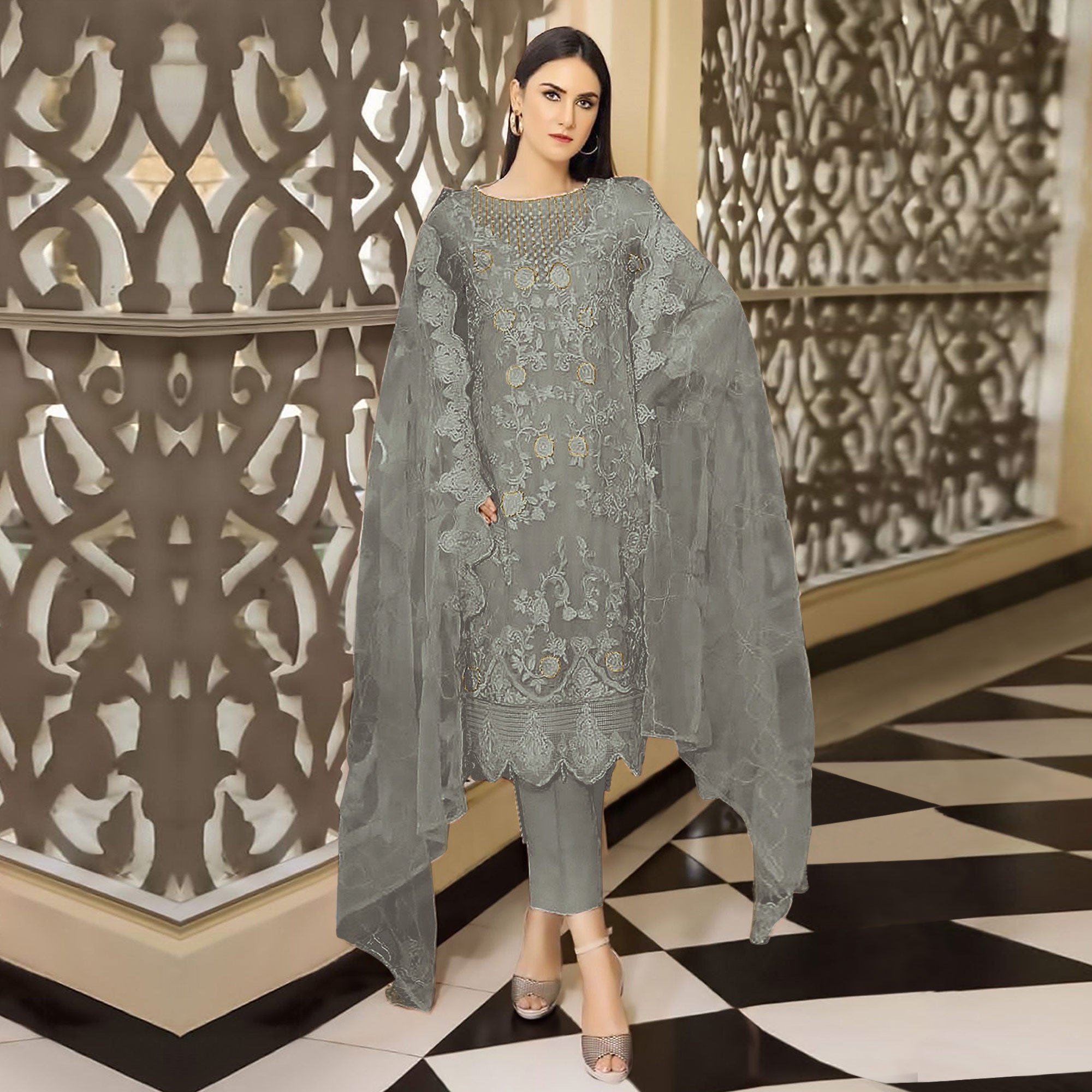 Grey Floral Embroidered Georgette Semi Stitched Pakistani Suit