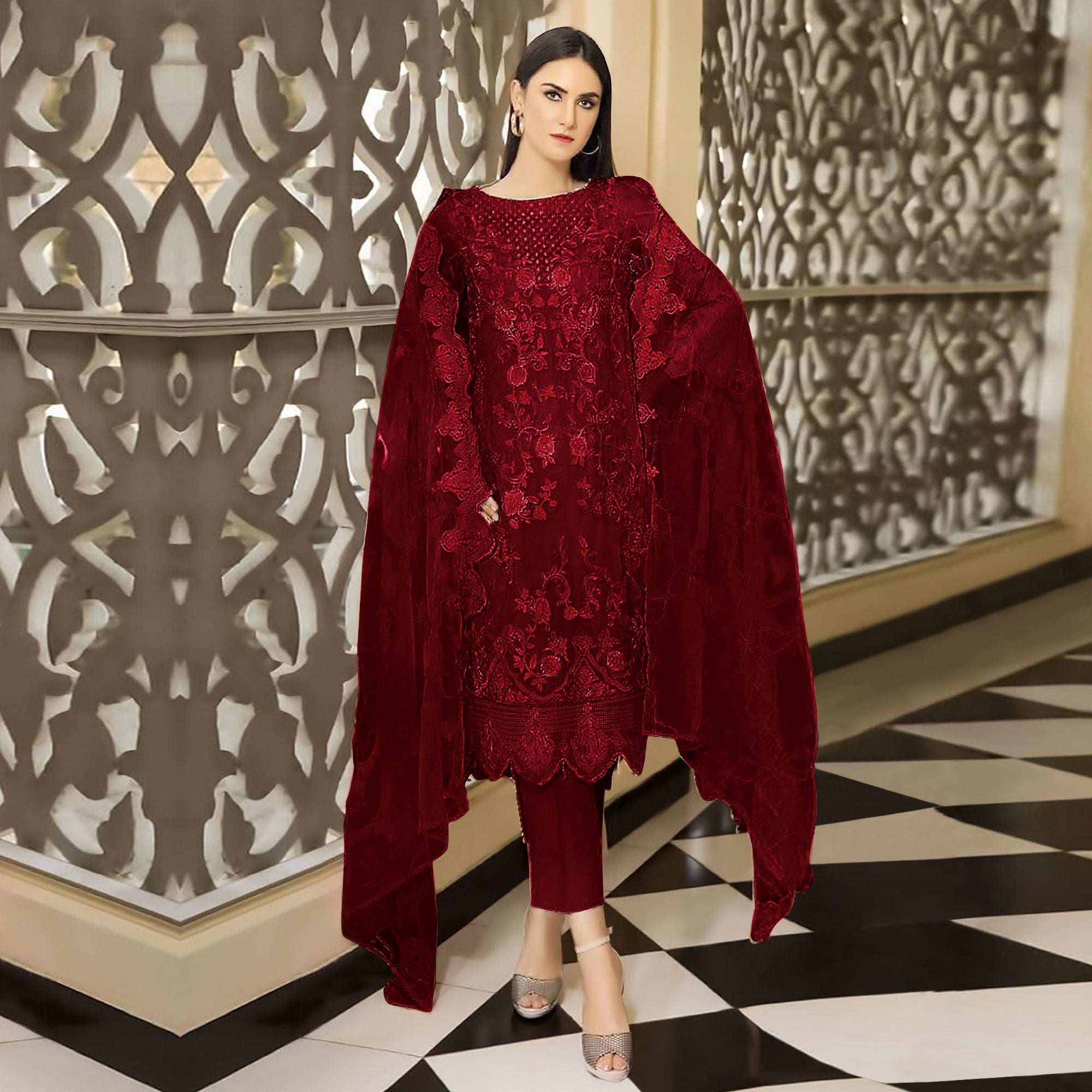 Maroon Floral Embroidered Georgette Semi Stitched Pakistani Suit
