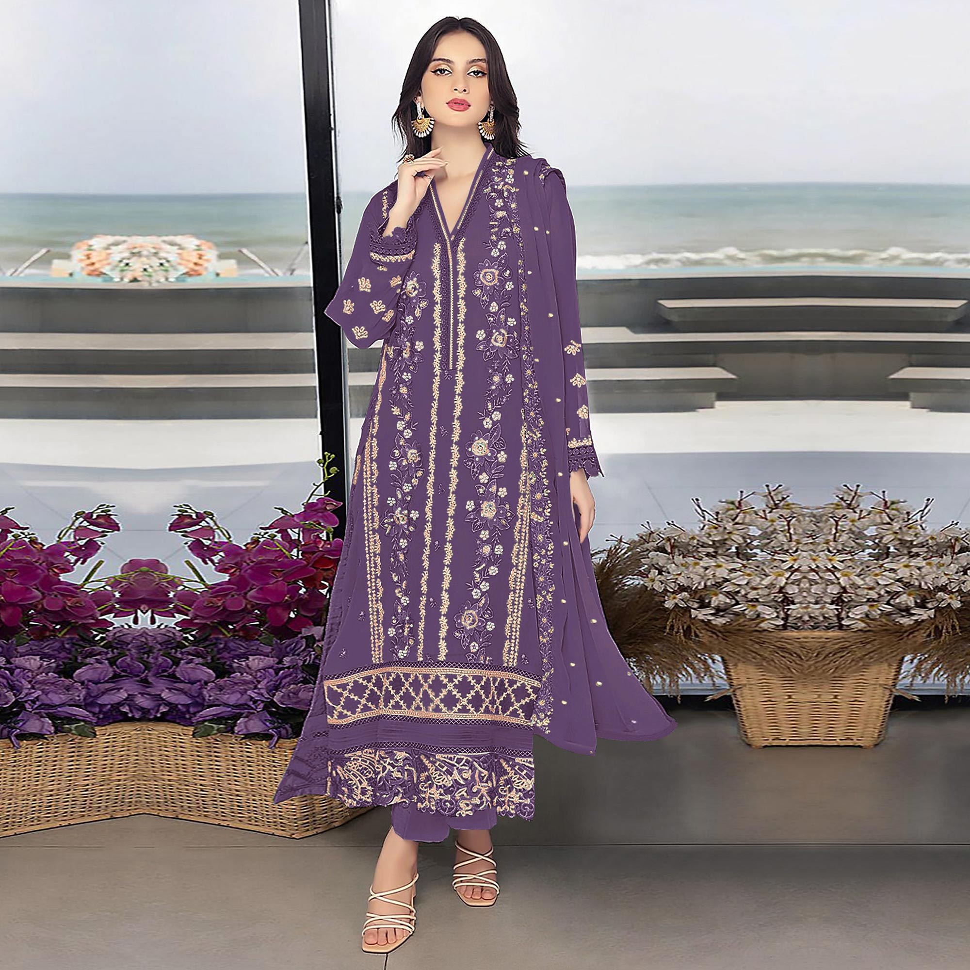 Purple Floral Embroidered Georgette Semi Stitched Pakistani Suit