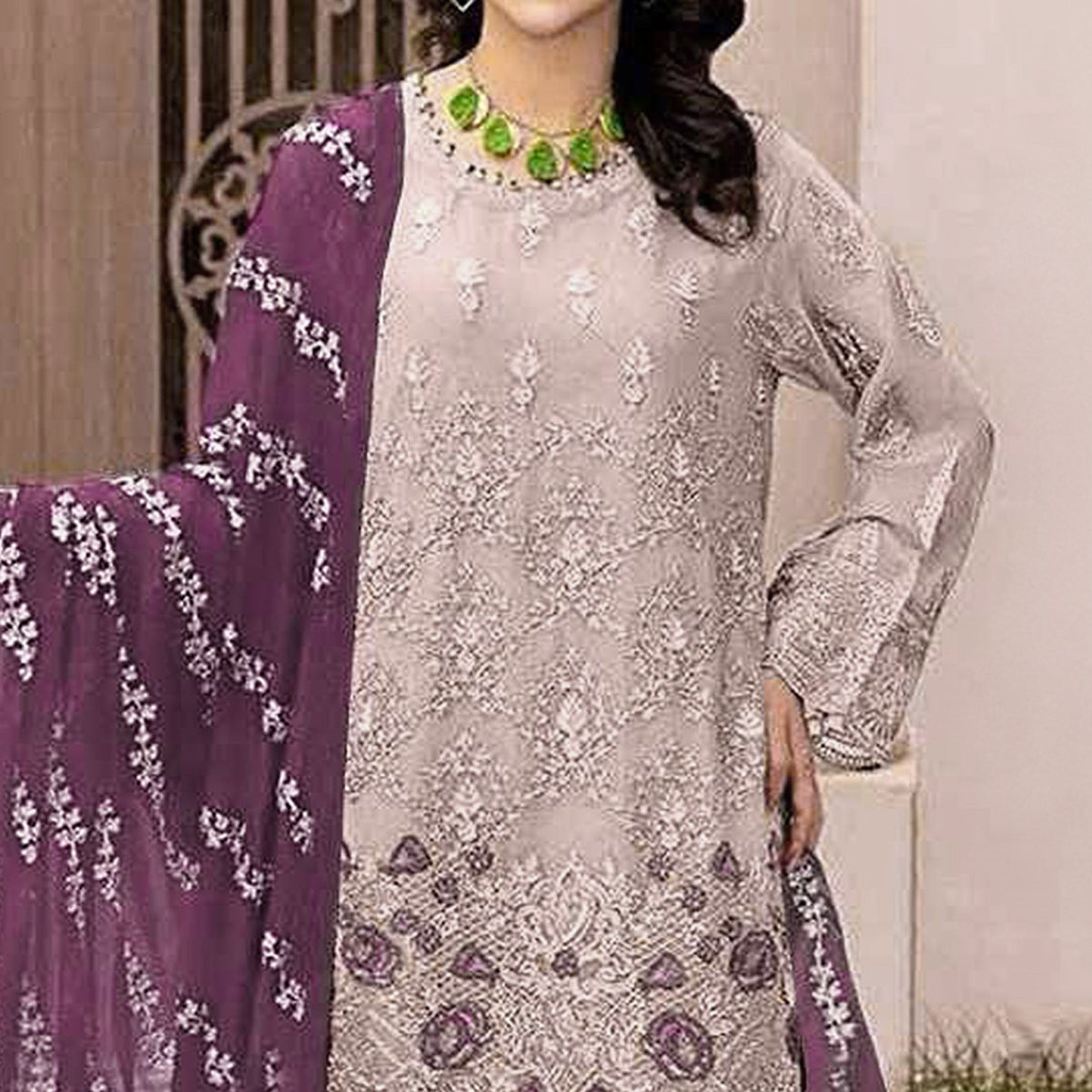 Peach Floral Embroidered Georgette Semi Stitched Pakistani Suit