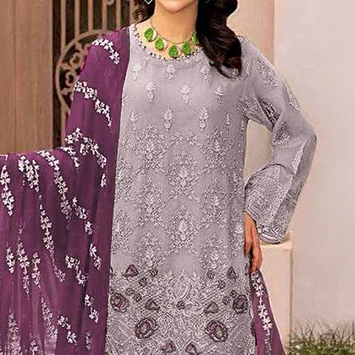 Mauve Floral Embroidered Georgette Semi Stitched Pakistani Suit