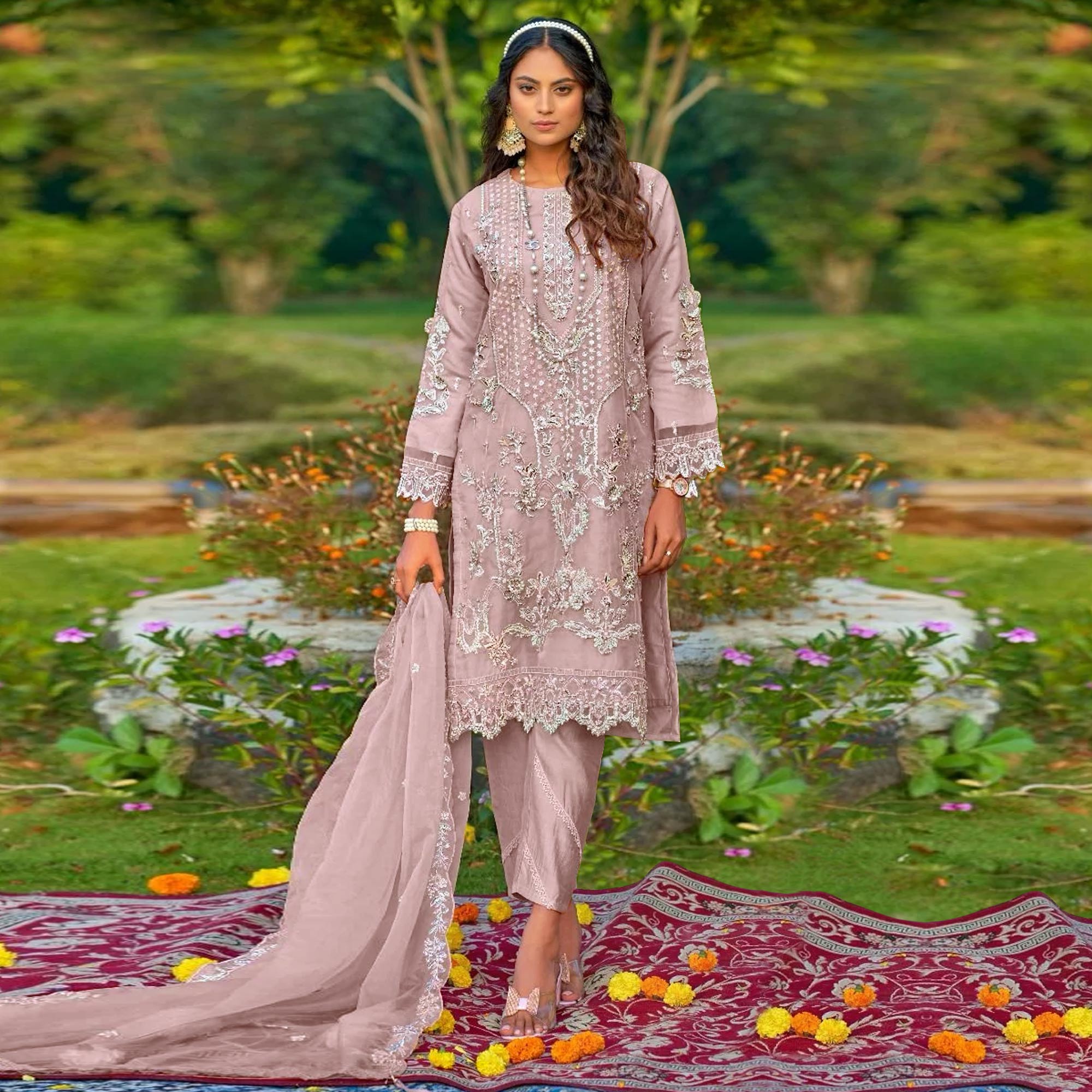 Lilac Purple Floral Embroidered Organza Semi Stitched Pakistani Suit
