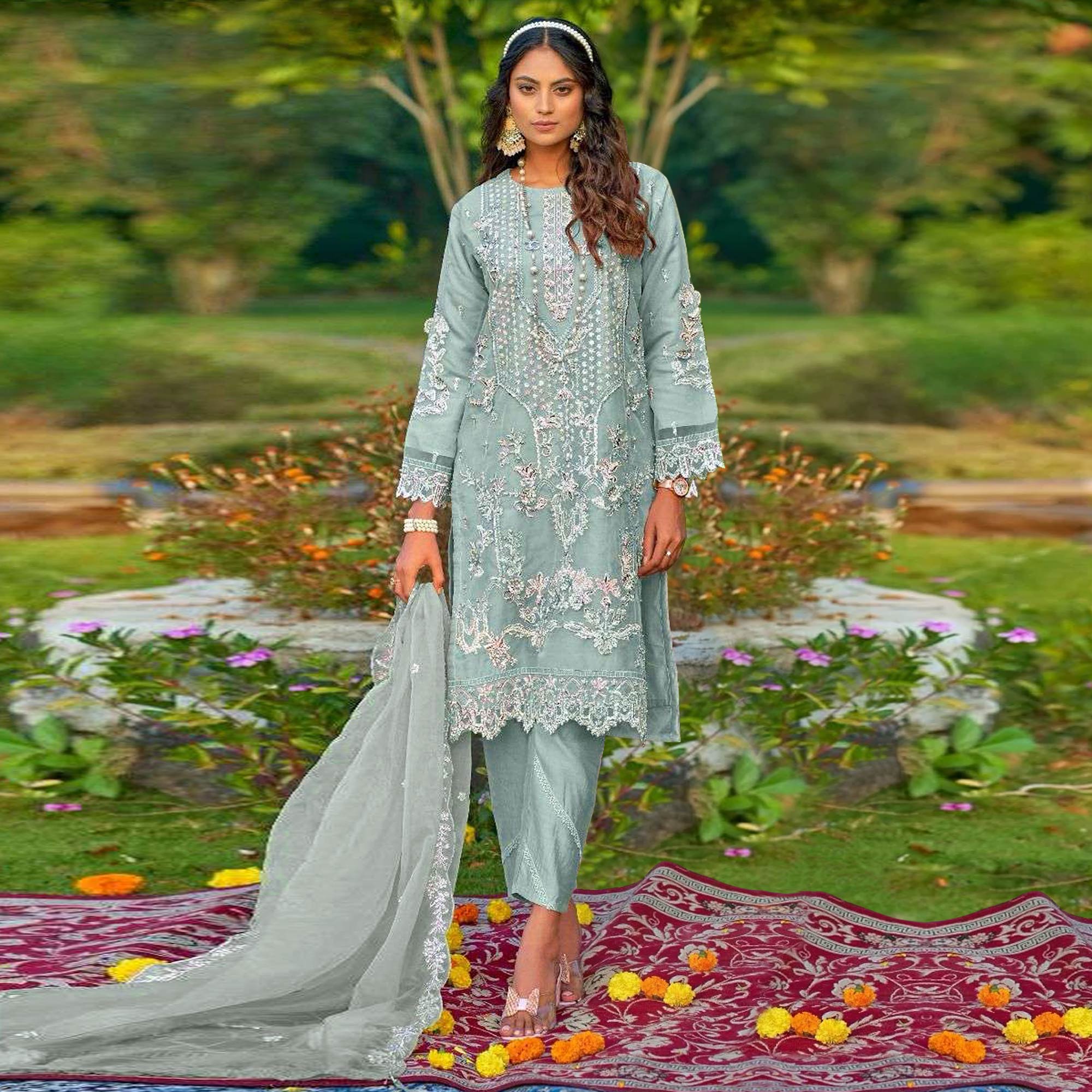 Light Turquoise Floral Embroidered Organza Semi Stitched Pakistani Suit