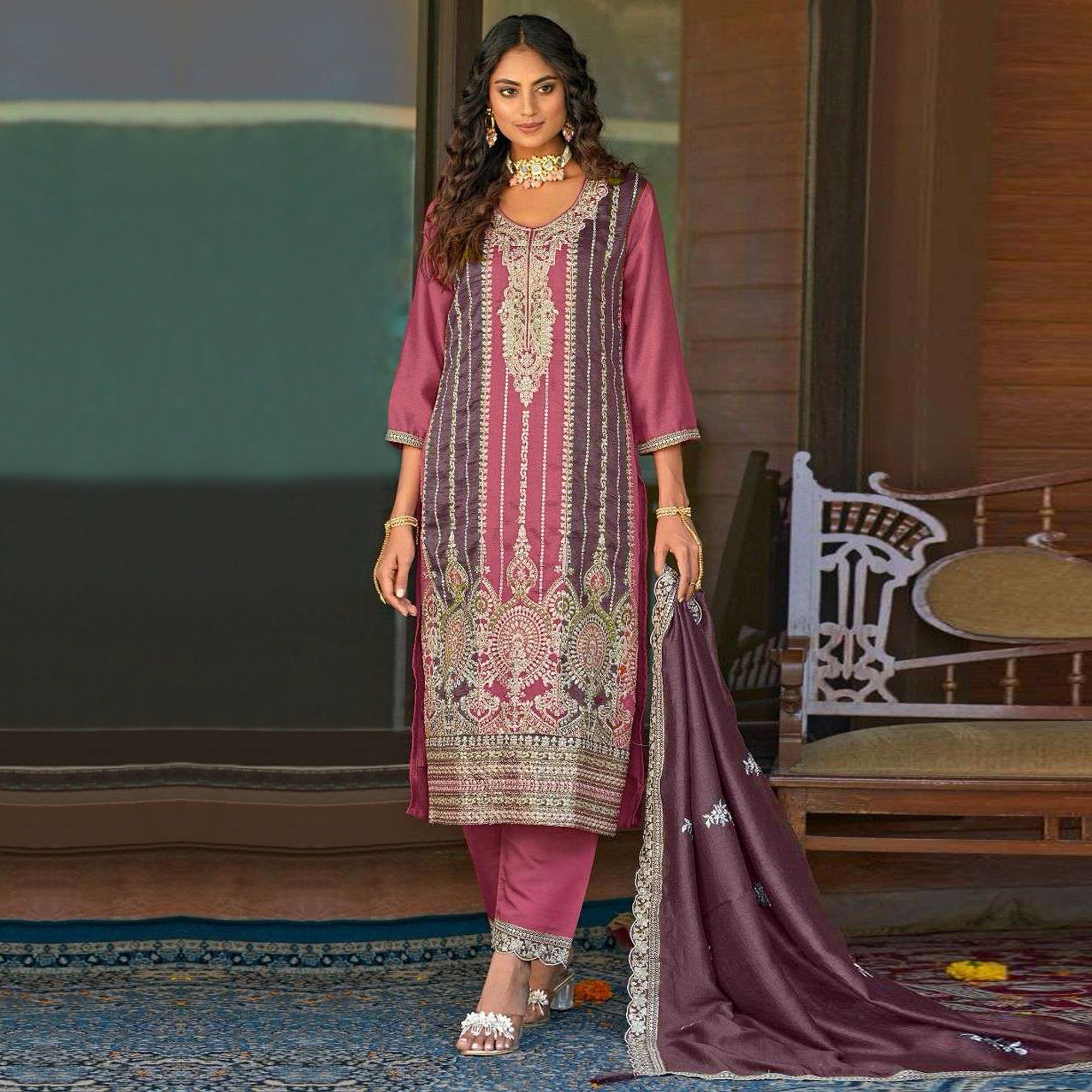 Pink Floral Embroidered Vichitra Silk Semi Stitched Pakistani Suit