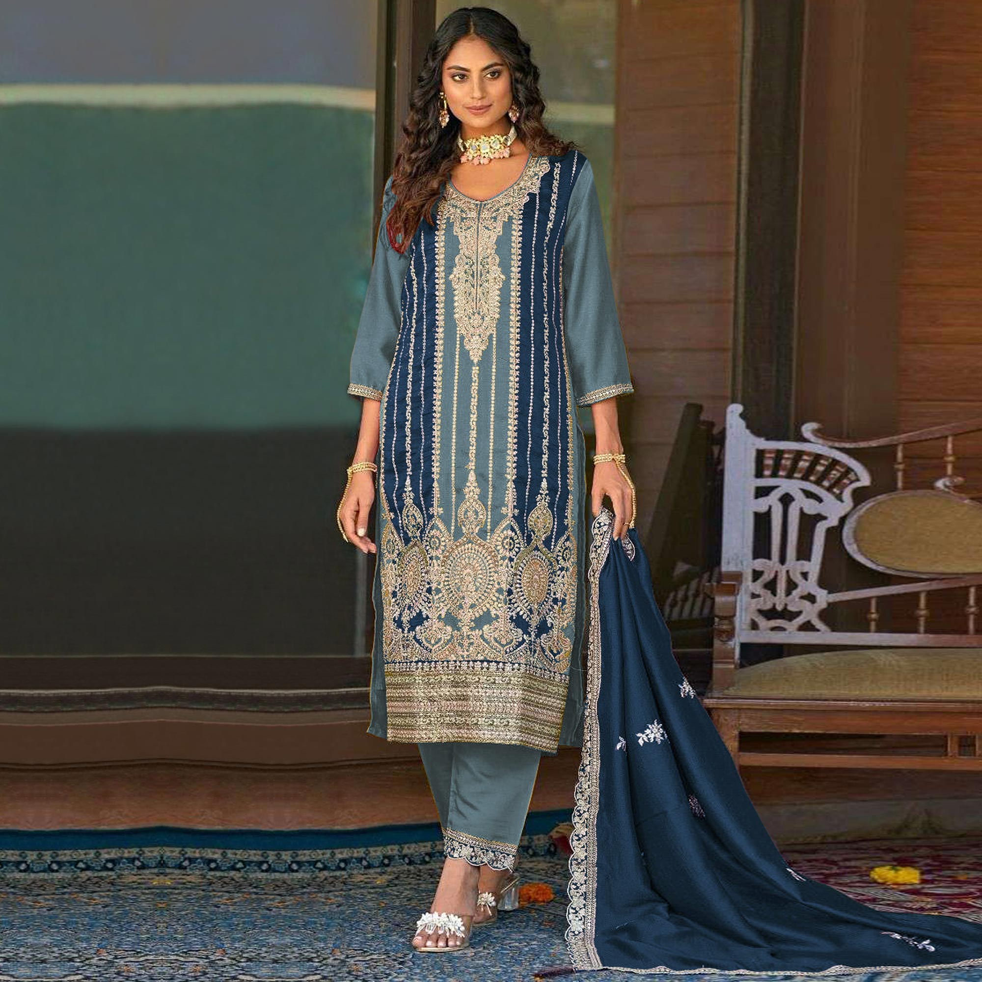 Sky Blue Floral Embroidered Vichitra Silk Semi Stitched Pakistani Suit