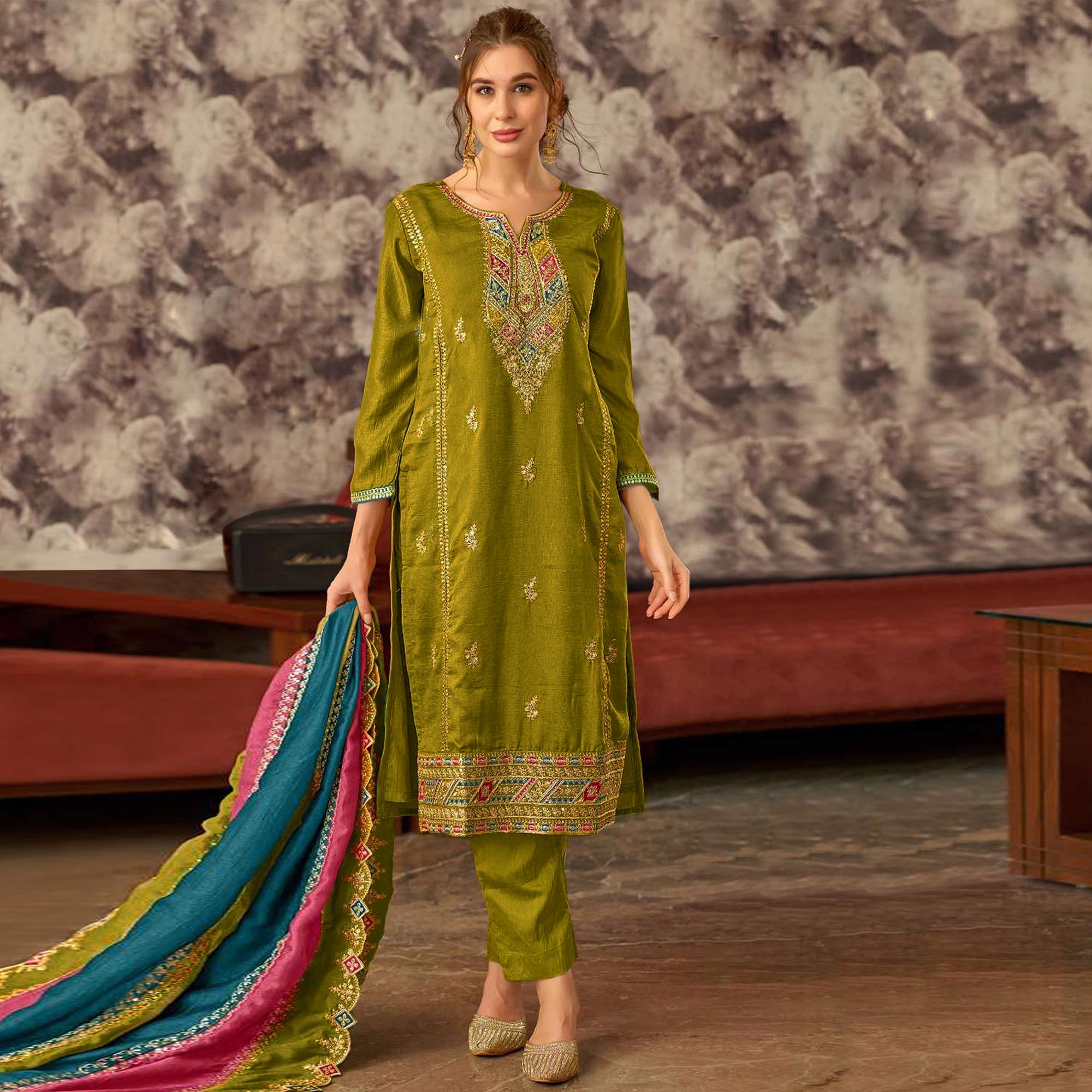 Green Floral Embroidered Vichitra Silk Semi Stitched Pakistani Dress Material
