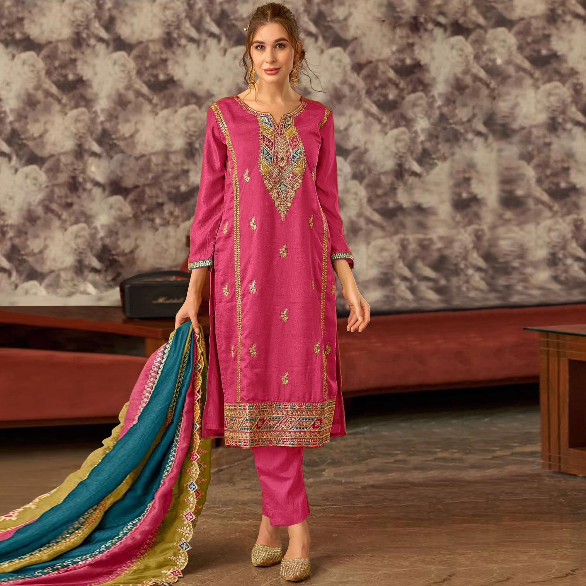 Pink Floral Embroidered Vichitra Silk Semi Stitched Pakistani Dress Material