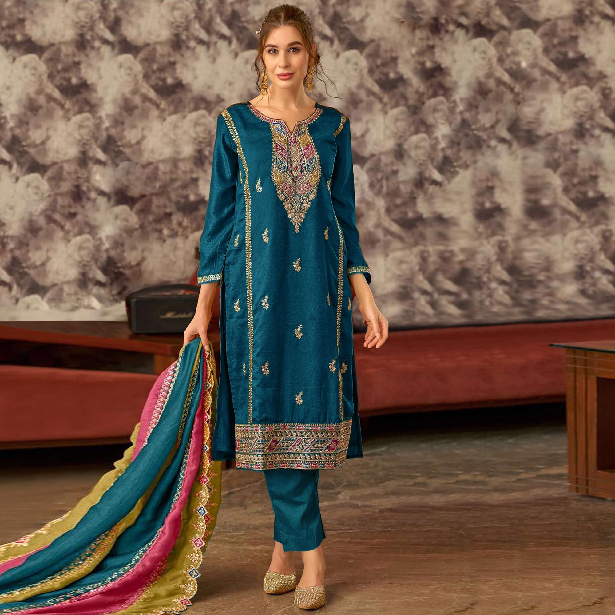 Morpich Floral Embroidered Vichitra Silk Semi Stitched Pakistani Dress Material