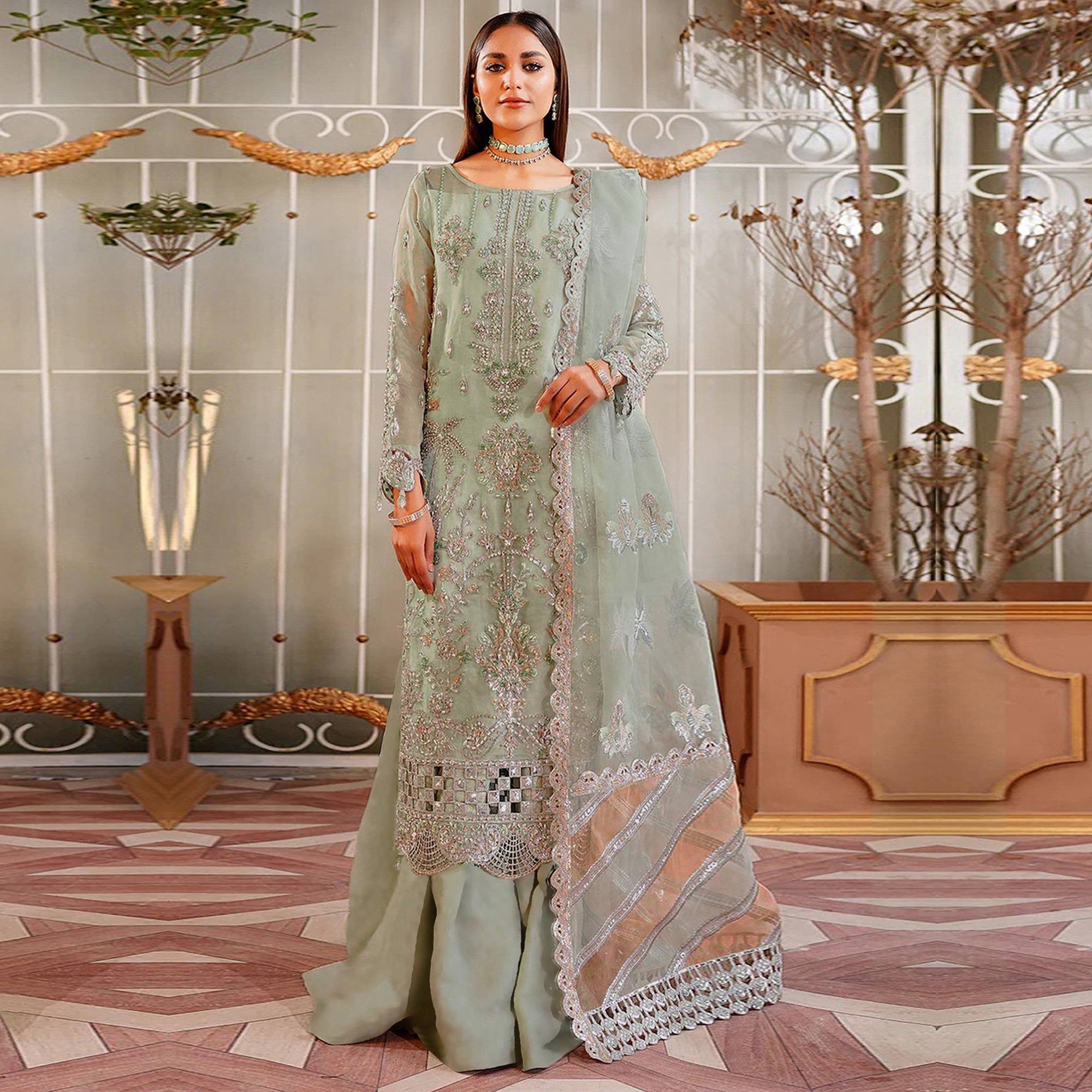 Green Floral Sequins Embroidered Organza Semi Stitched Pakistani Suit