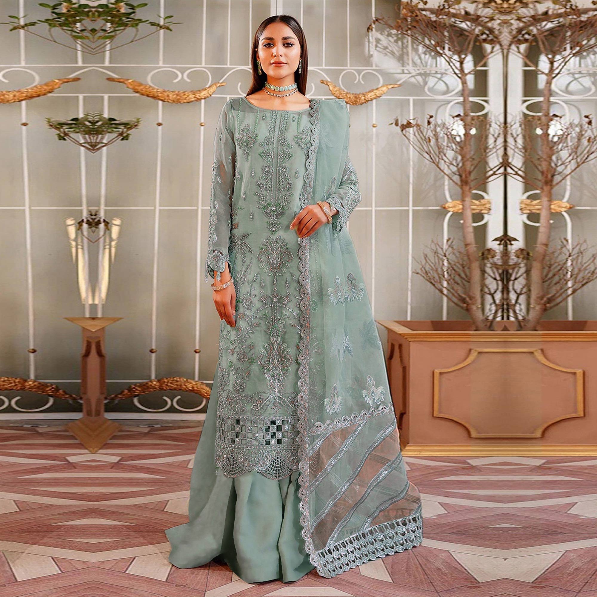 Dusty Green Floral Sequins Embroidered Organza Semi Stitched Pakistani Suit