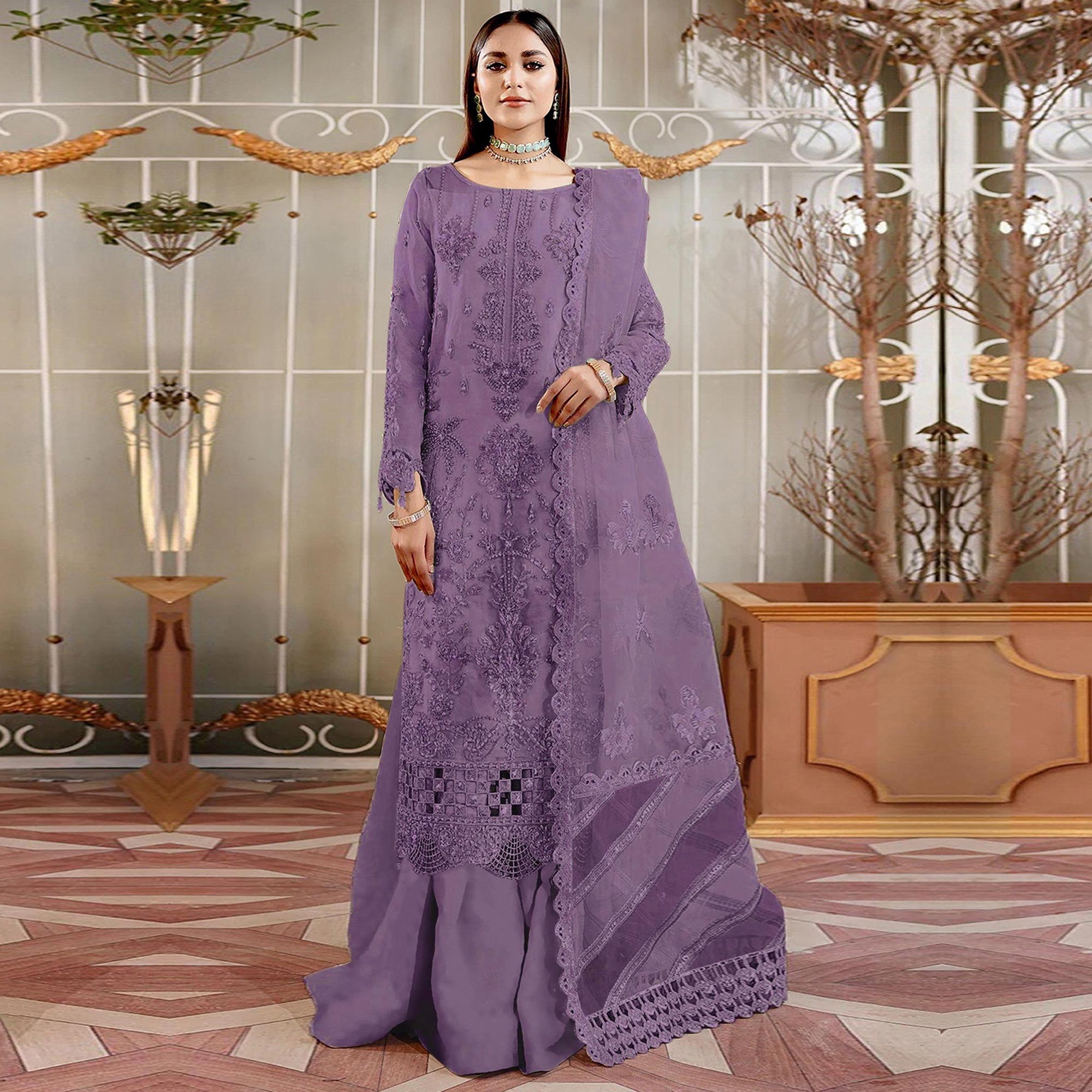 Purple Floral Sequins Embroidered Organza Semi Stitched Pakistani Suit