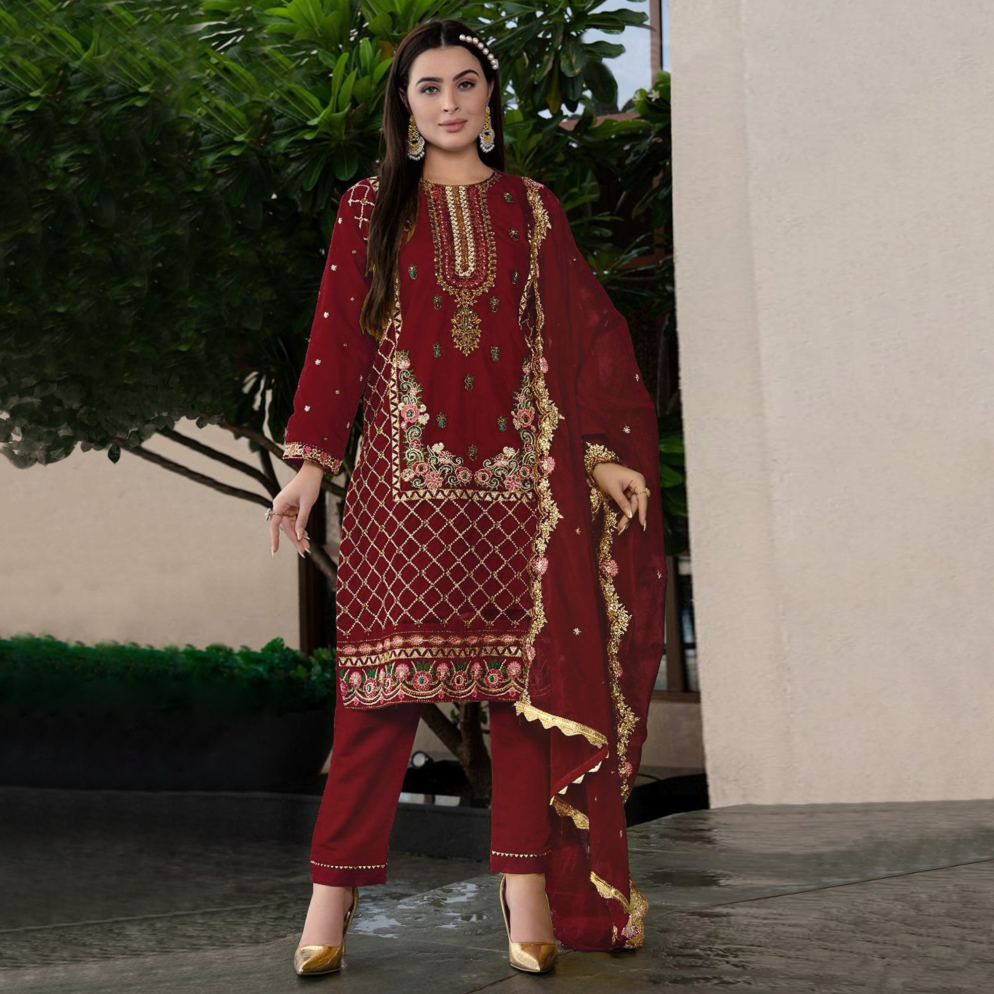 Maroon Floral Sequins Embroidered Georgette Semi Stitched Pakistani Suit
