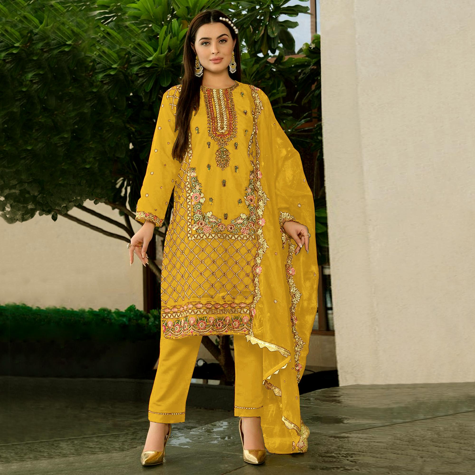 Yellow Floral Sequins Embroidered Georgette Semi Stitched Pakistani Suit