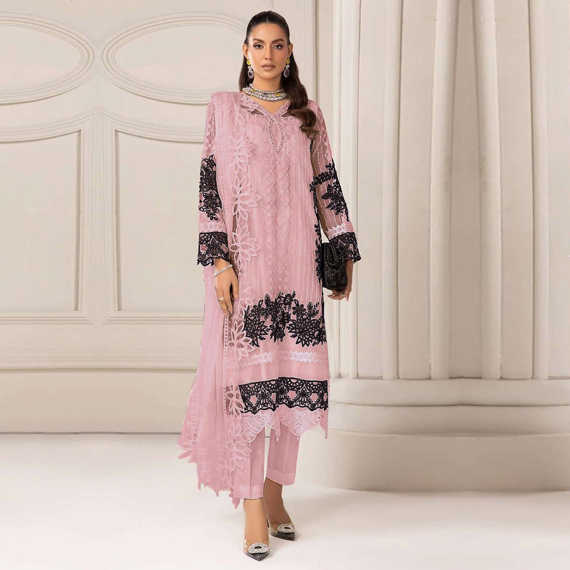 Pink Floral Embroidered Georgette Semi Stitched Pakistani Dress Material
