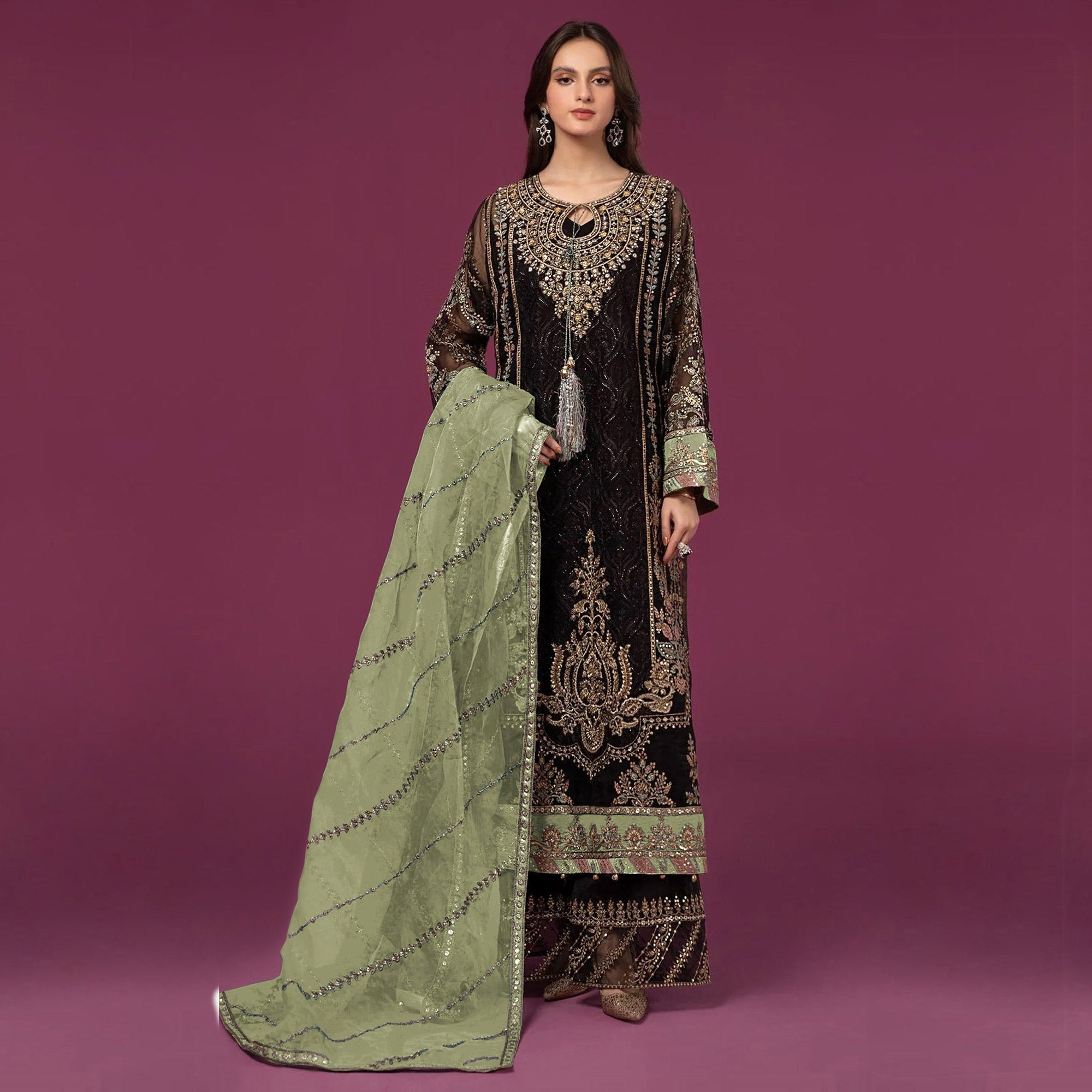 Black & Green Embroidered Georgette Semi Stitched Pakistani Suit