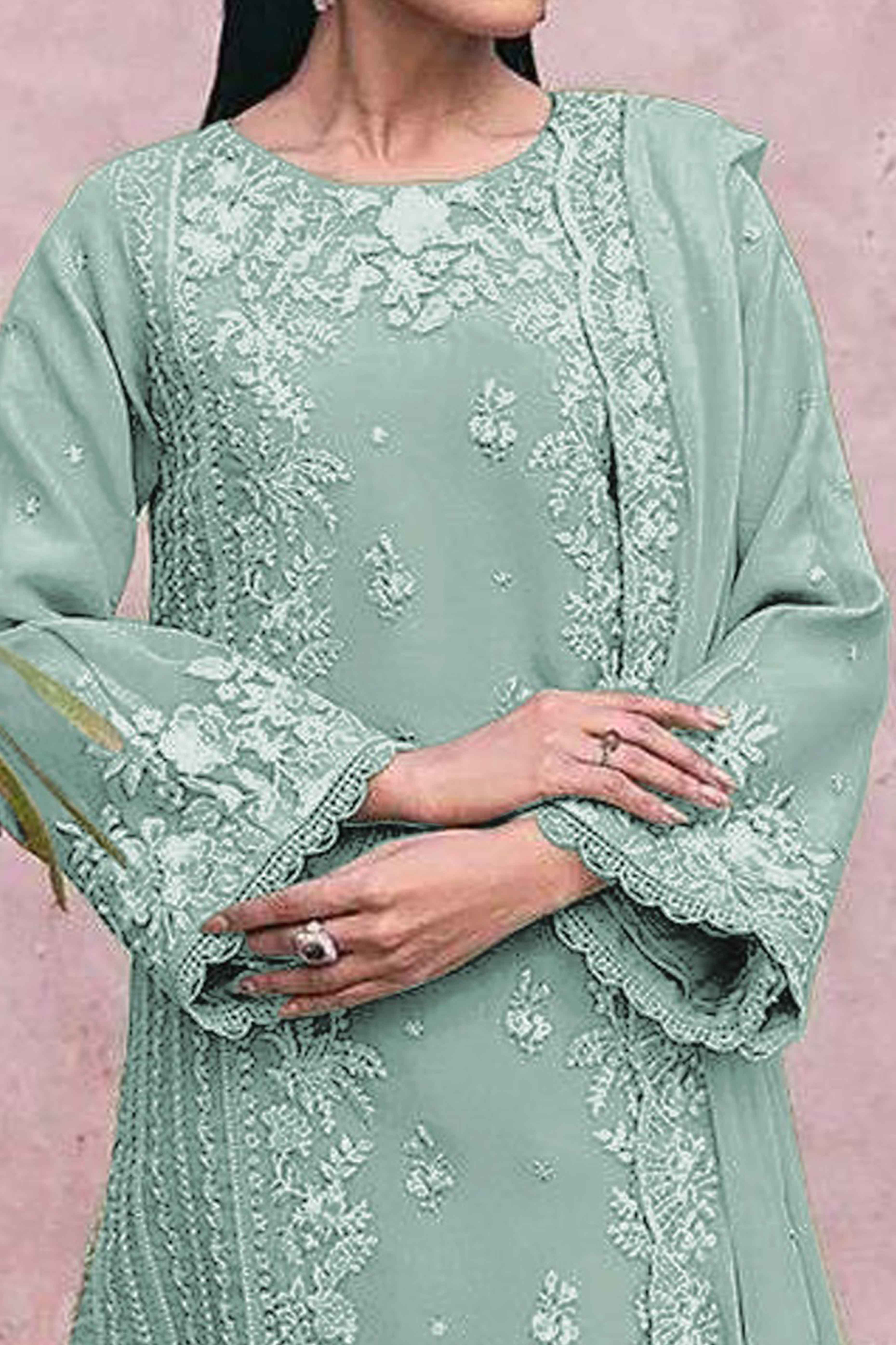 Sea Green Floral Embroidery Georgette Semi Stitched Pakistani Suit