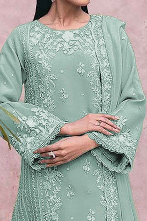 Sea Green Floral Embroidery Georgette Semi Stitched Pakistani Suit