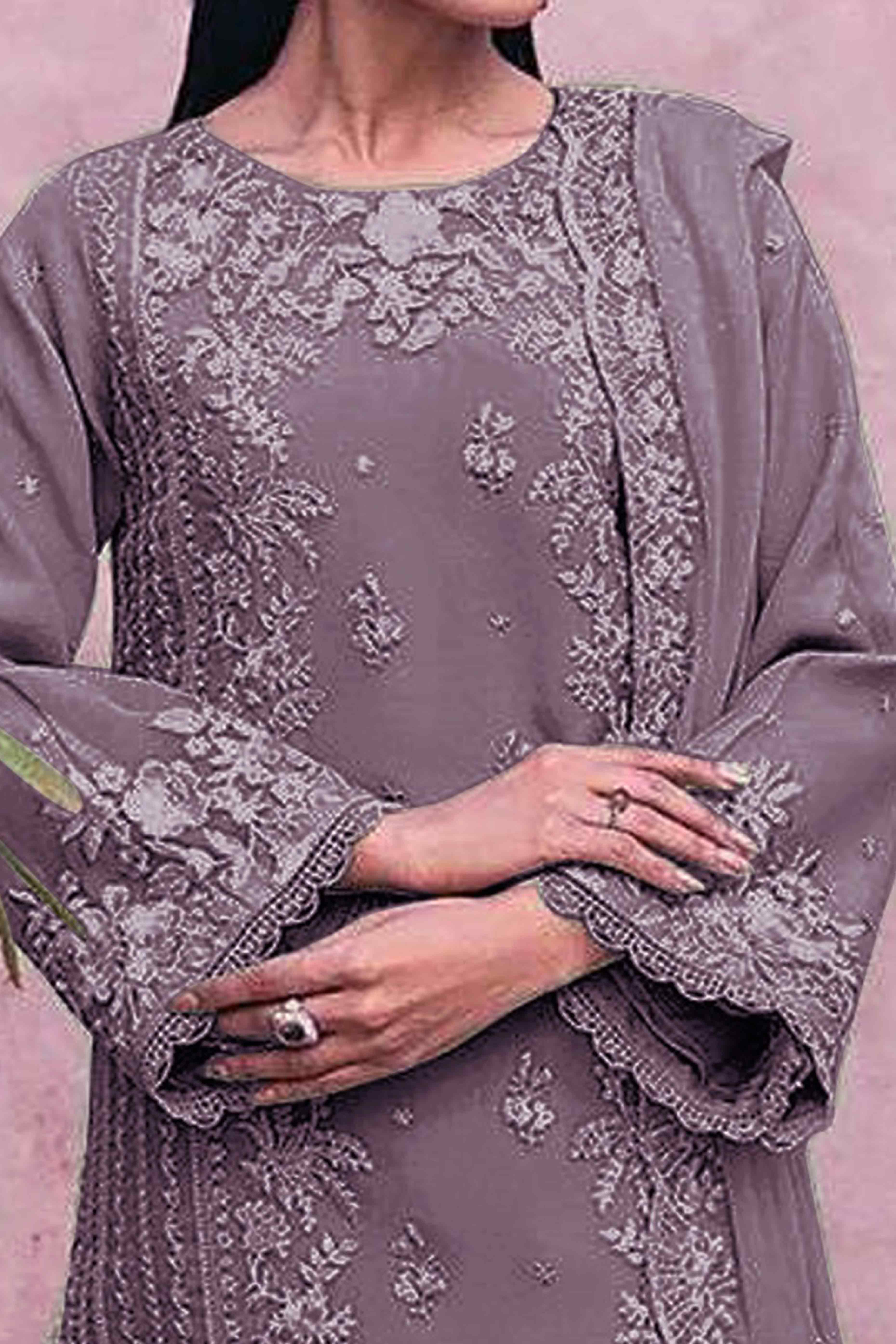 Purple Floral Embroidery Georgette Semi Stitched Pakistani Suit