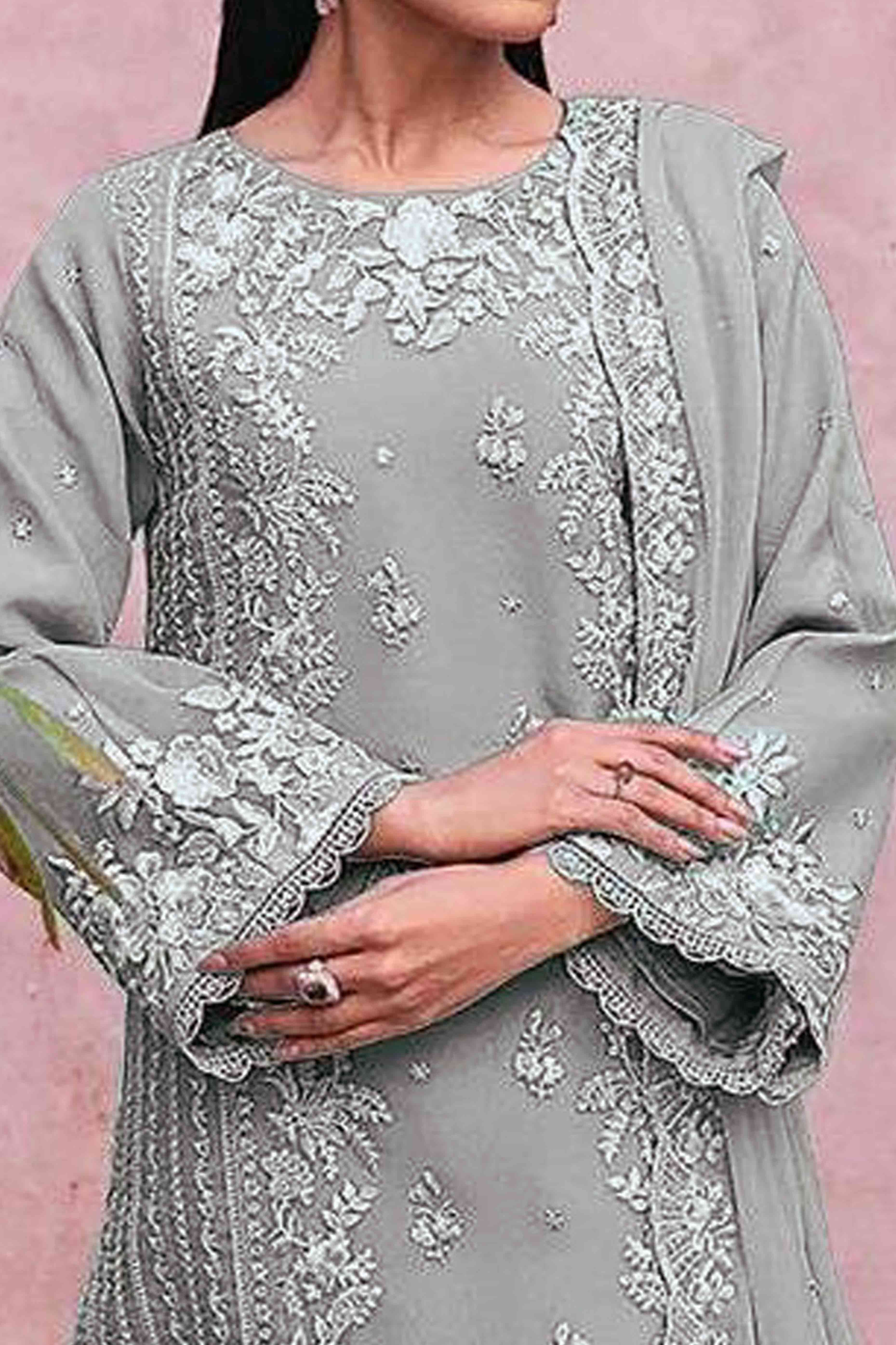 Grey Floral Embroidery Georgette Semi Stitched Pakistani Suit