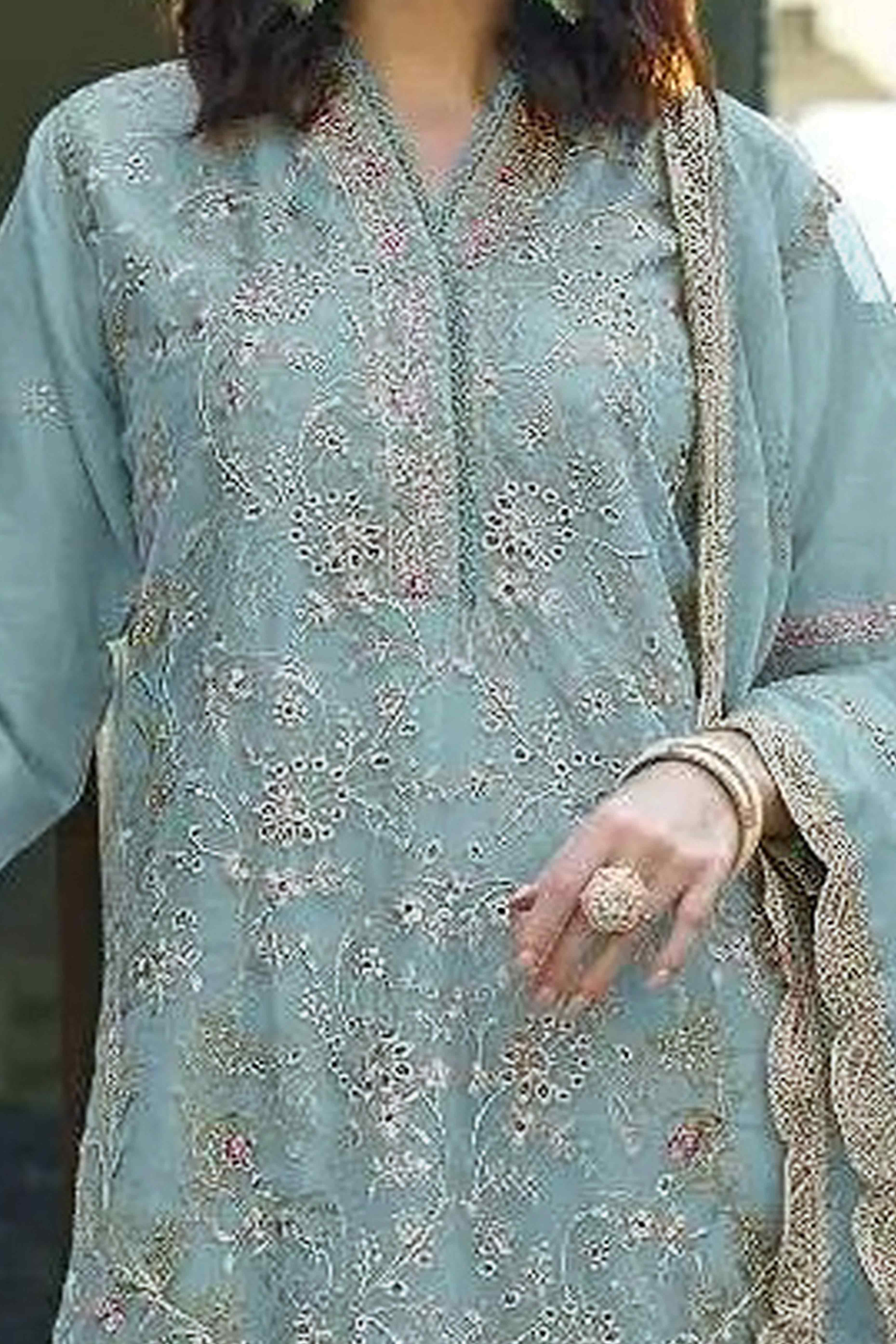 Sky Blue Floral Sequins Embroidery Organza Semi Stitched Pakistani Suit