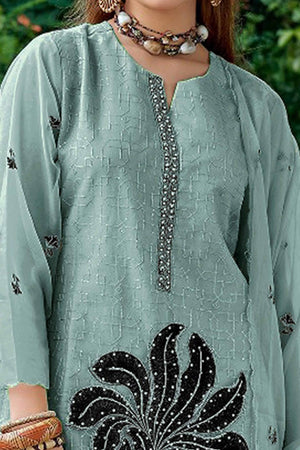 Blue Floral Sequins Embroidered Organza Semi Stitched Pakistani Suit