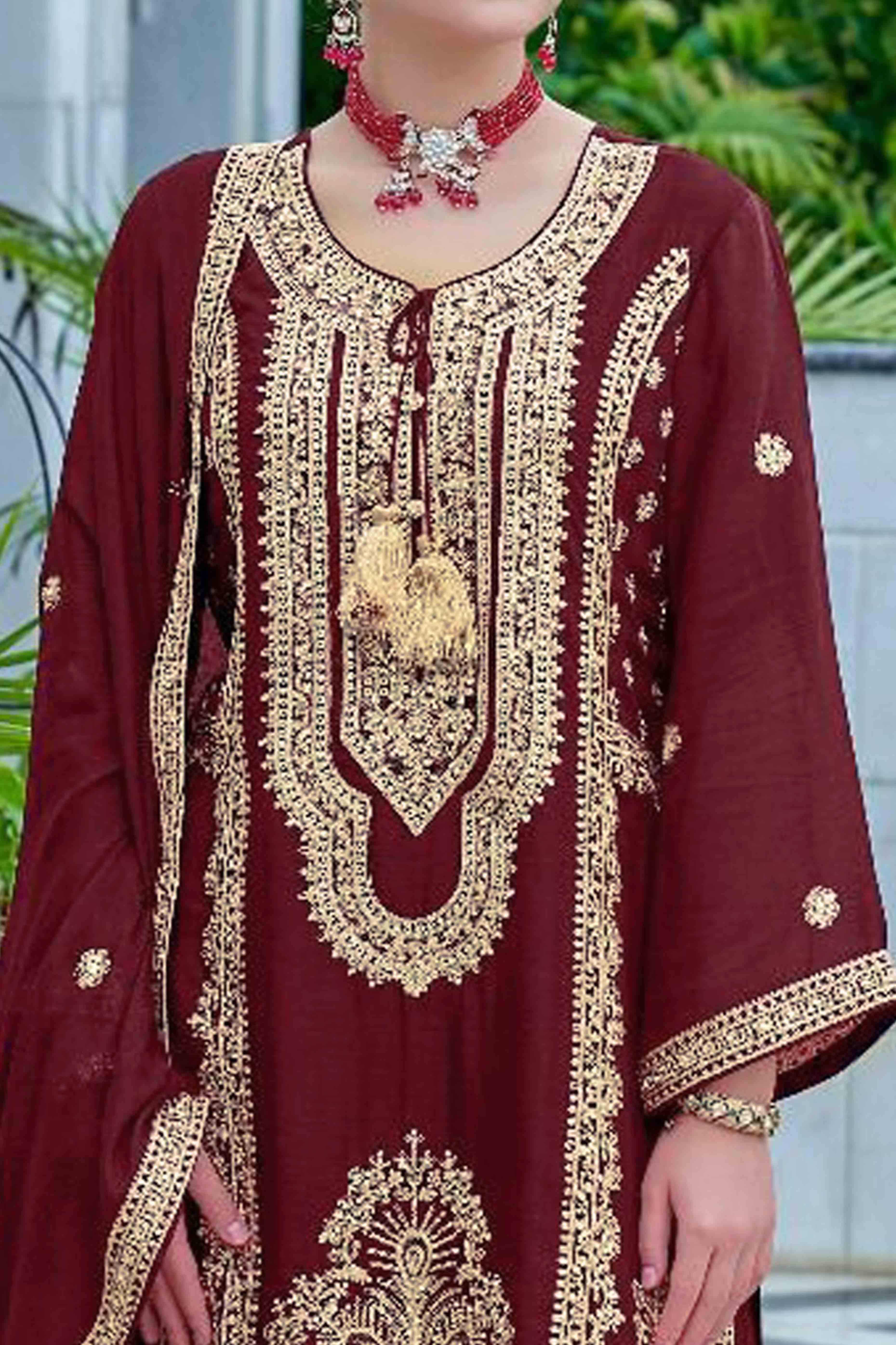 Maroon Floral Sequins Embroidered Chinon Semi Stitched Pakistani Suit