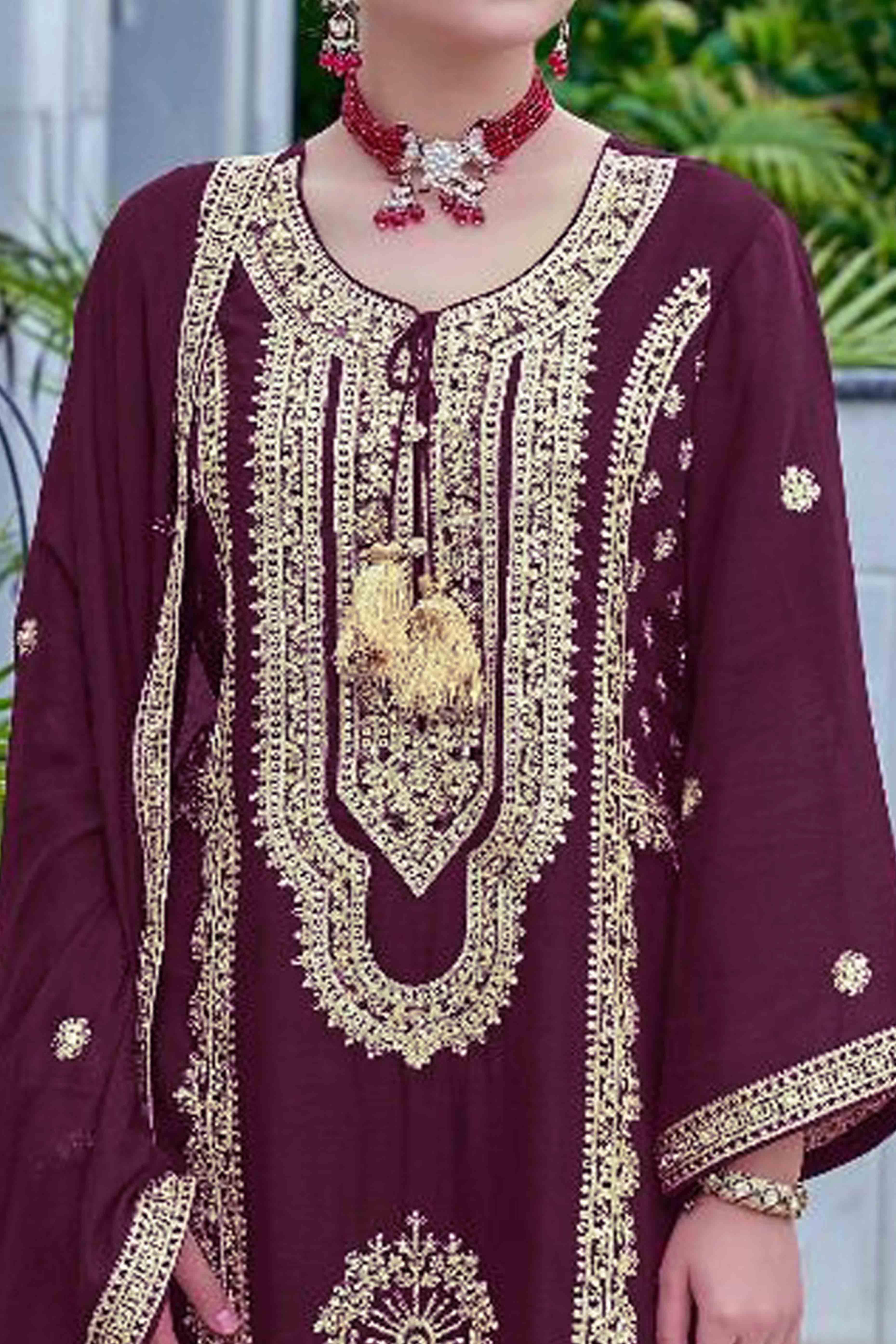 Wine Floral Sequins Embroidered Chinon Semi Stitched Pakistani Suit