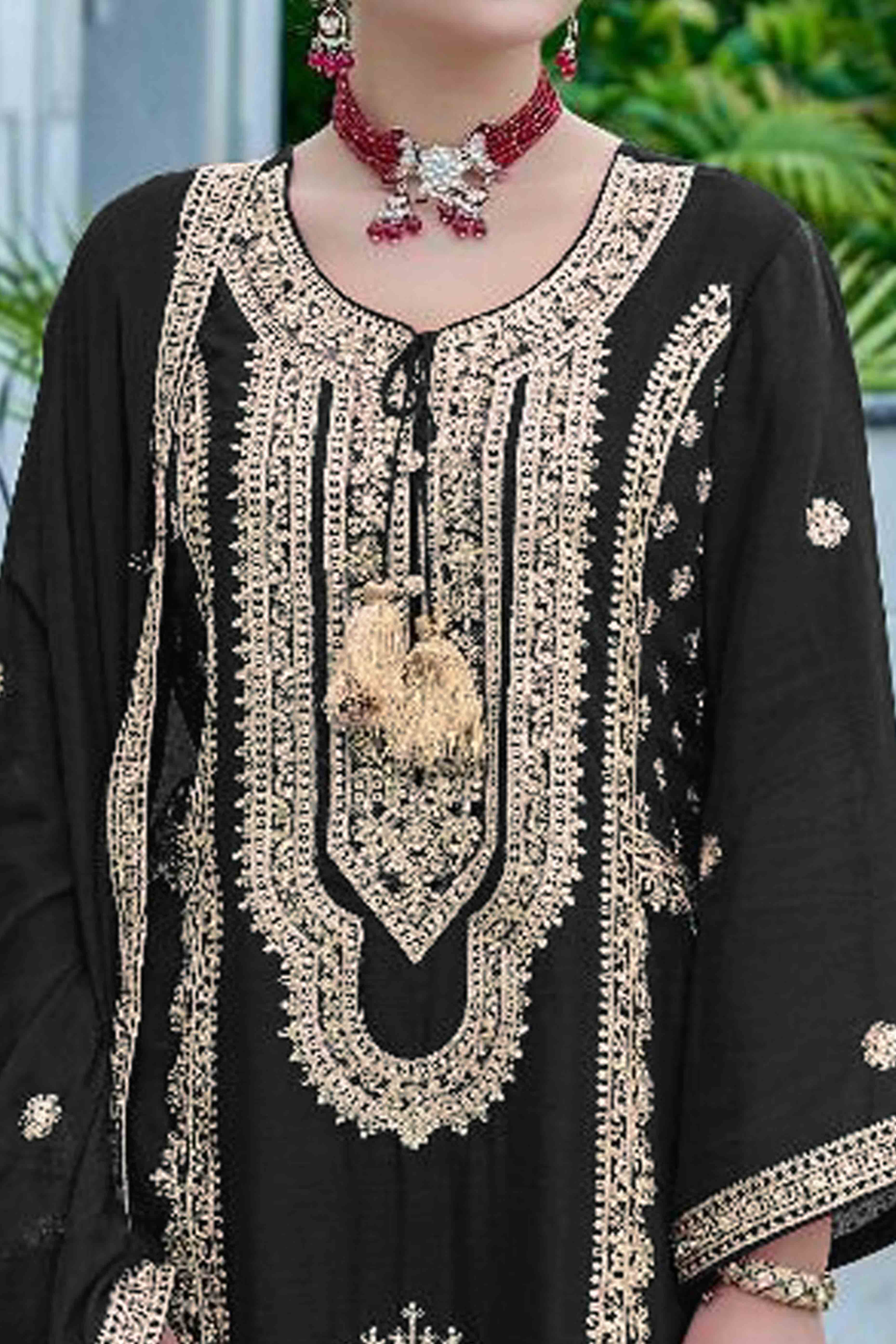 Black Floral Sequins Embroidered Chinon Semi Stitched Pakistani Suit