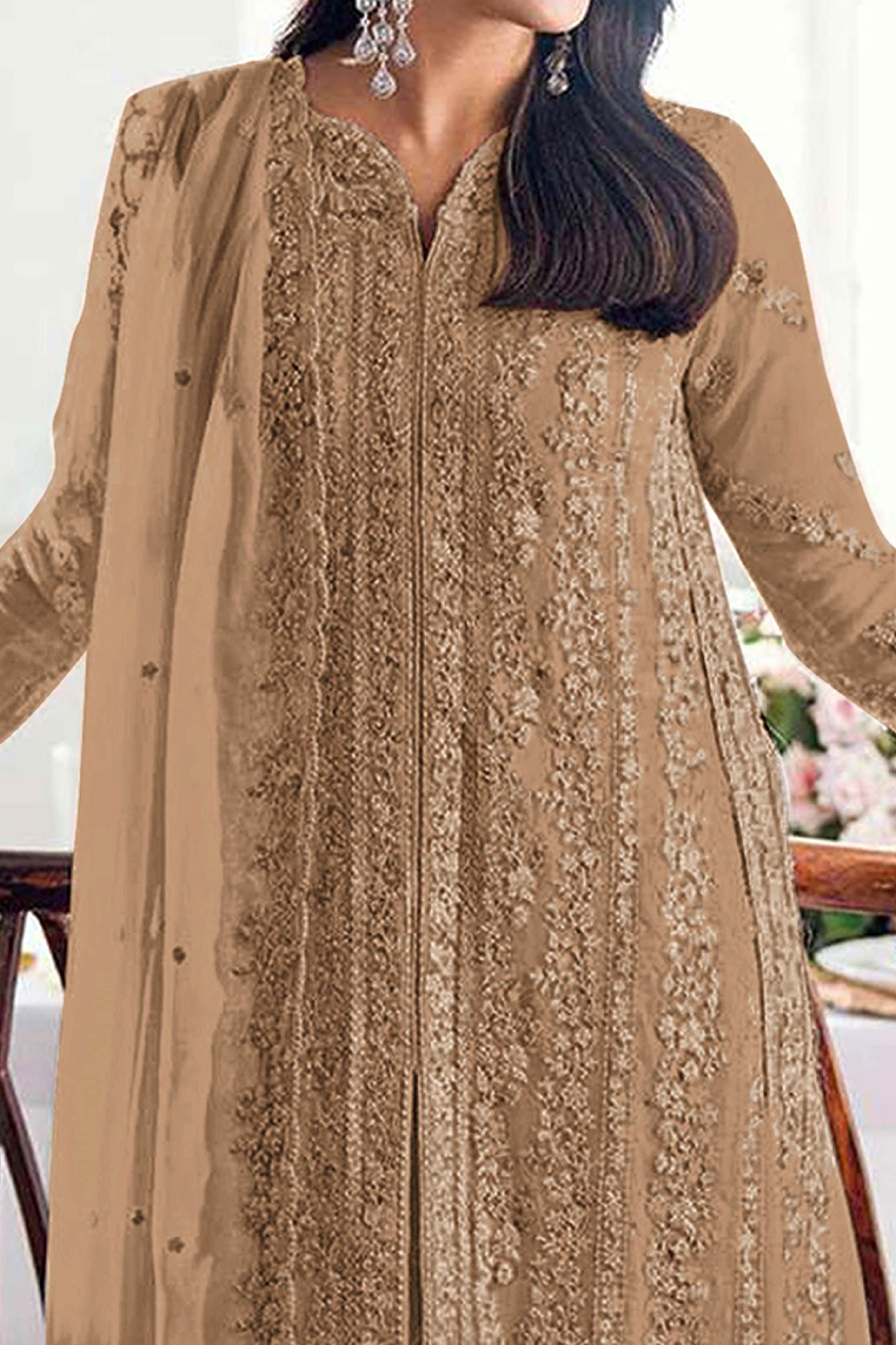 Beige Embroidered Georgette Semi-Stitched Pakistani Salwar Suit with Shimmering Sequins