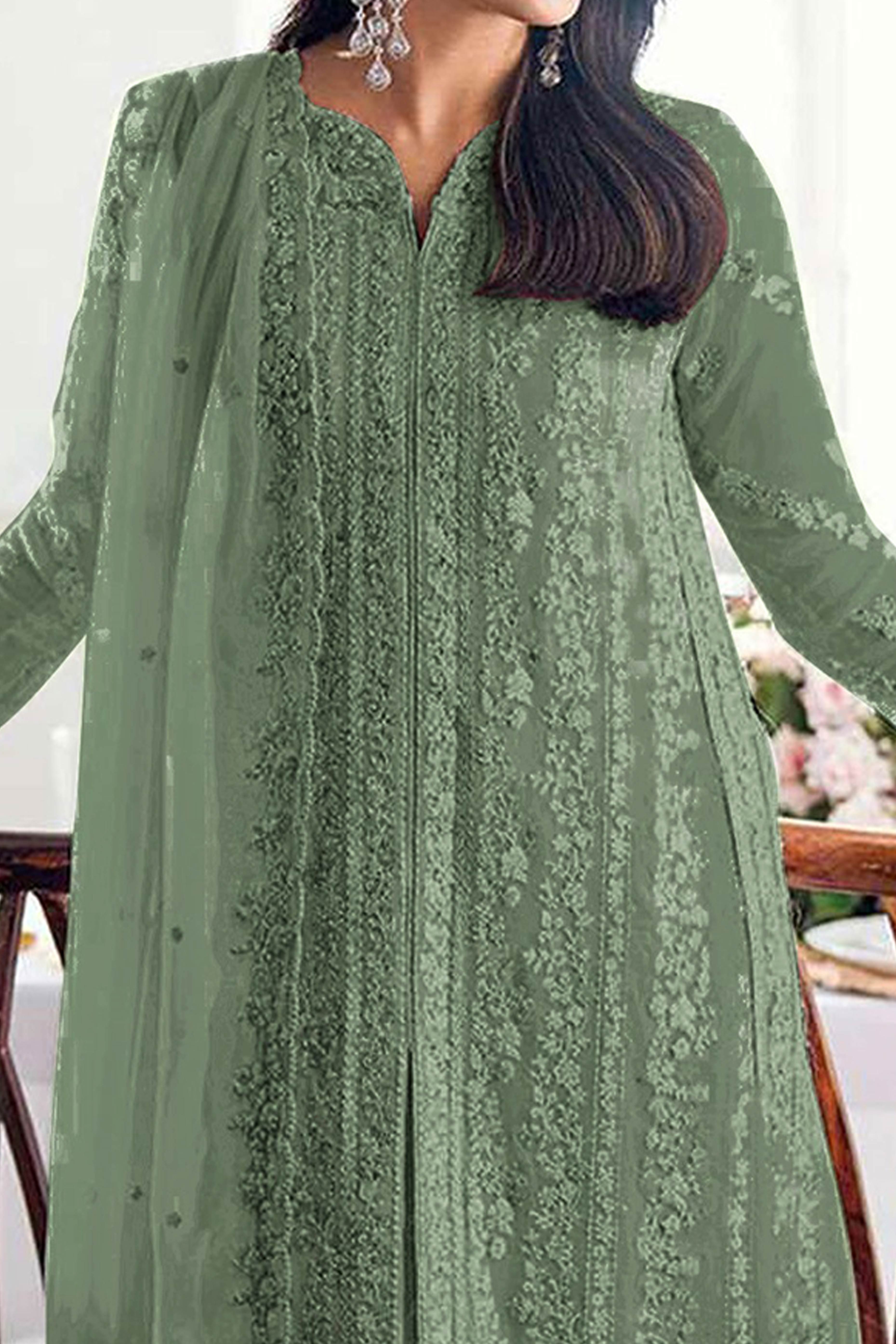 Green Embroidered Georgette Semi-Stitched Pakistani Salwar Suit with Shimmering Sequins