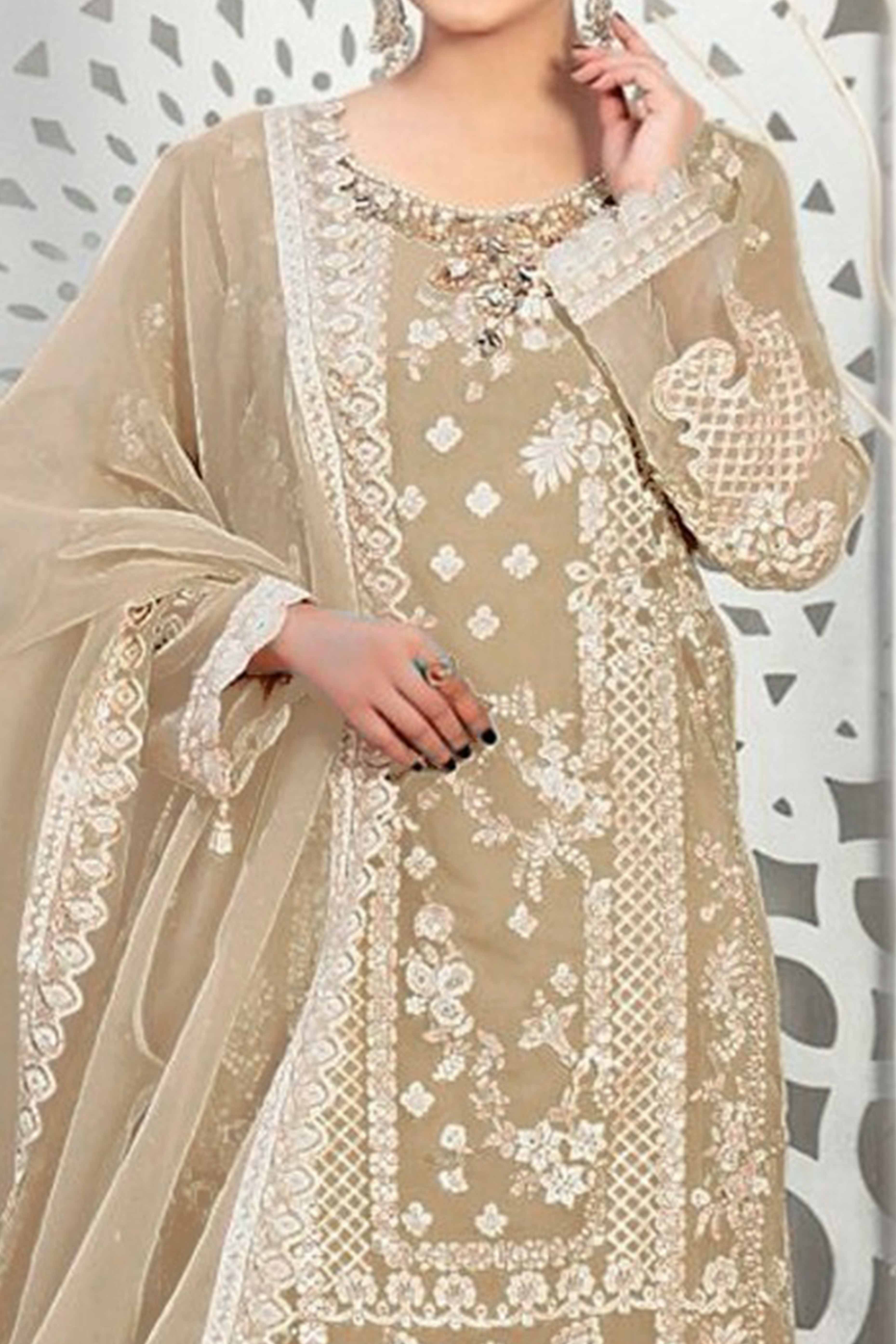 Beige Floral Embroidery With Moti Work Organza Semi Stitched Pakistani Suit
