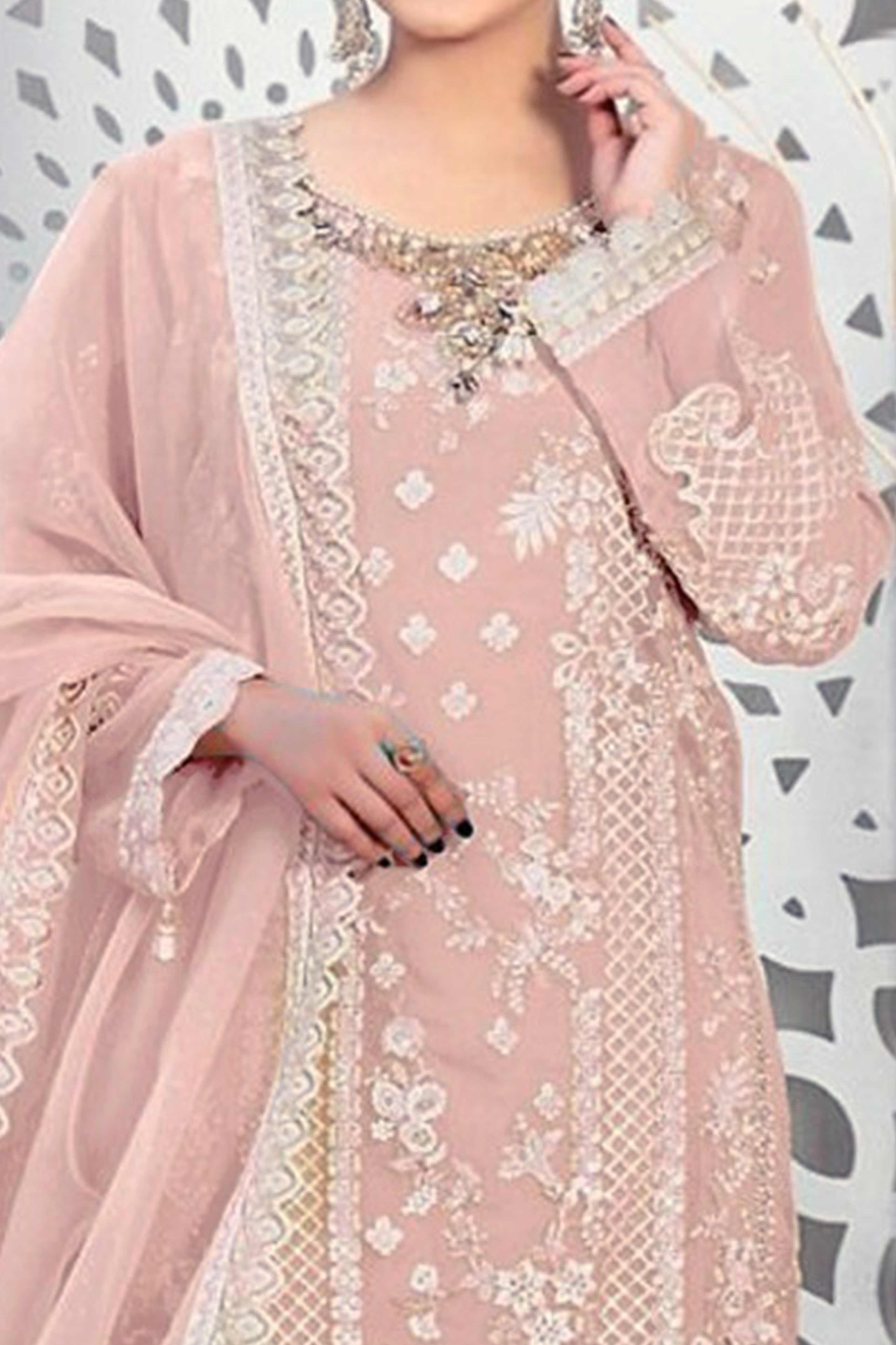 Peach Floral Embroidery With Moti Work Organza Semi Stitched Pakistani Suit