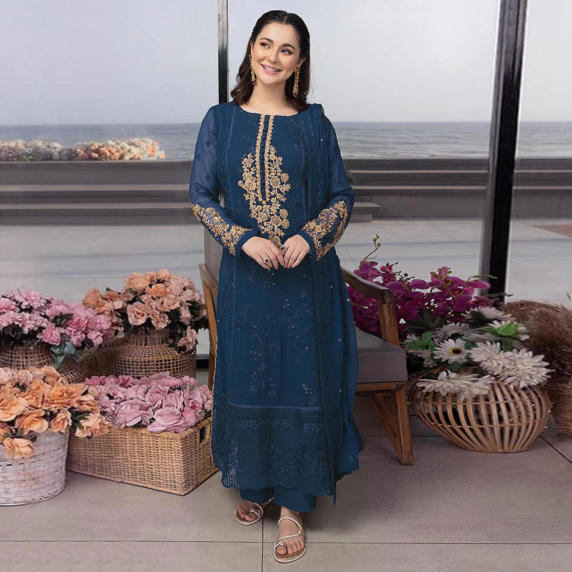 Blue Floral Embroidered Georgette Semi Stitched Pakistani Suit